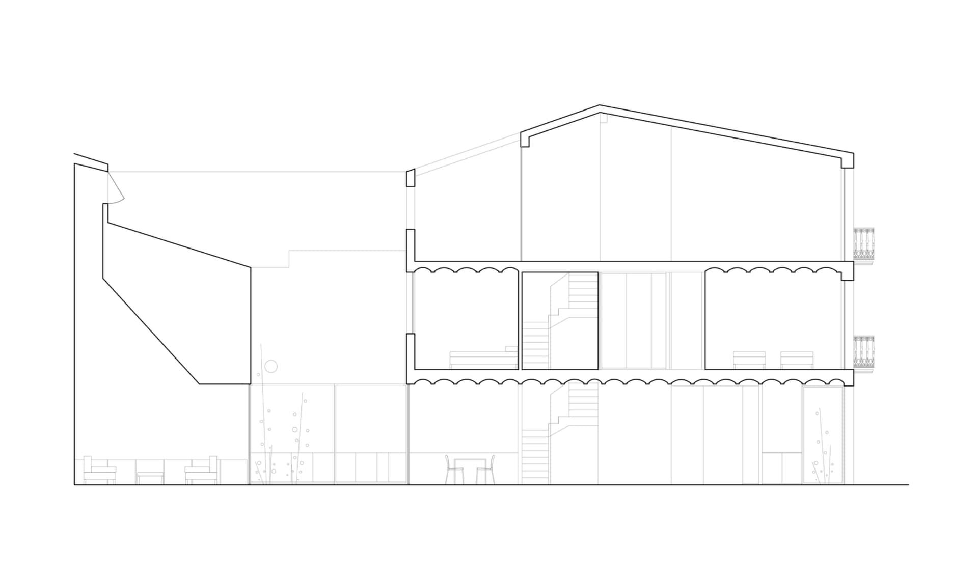 一張描繪住宅室內的線稿,展現混合材質與空間構圖。