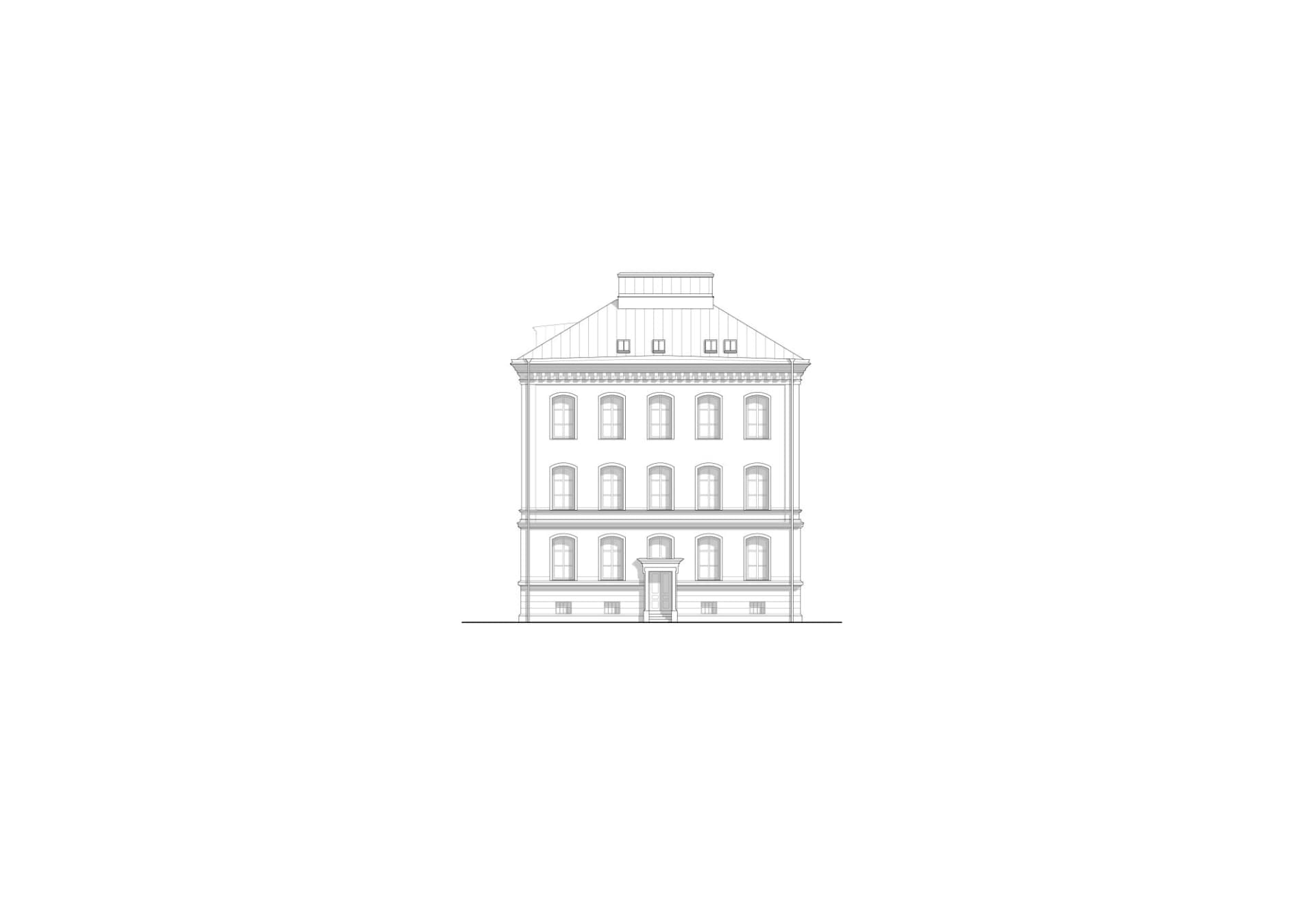 古典建築外觀屋頂線條圖，描繪一座多層建築，配有金屬屋頂與裝飾簷口。