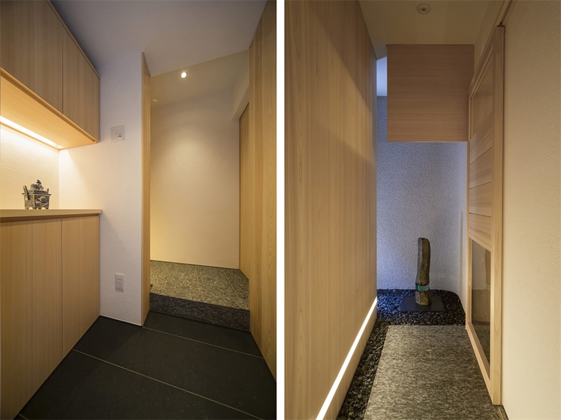 Modern interior design featuring a contemporary entryway with a wooden floor and minimalist aesthetic.