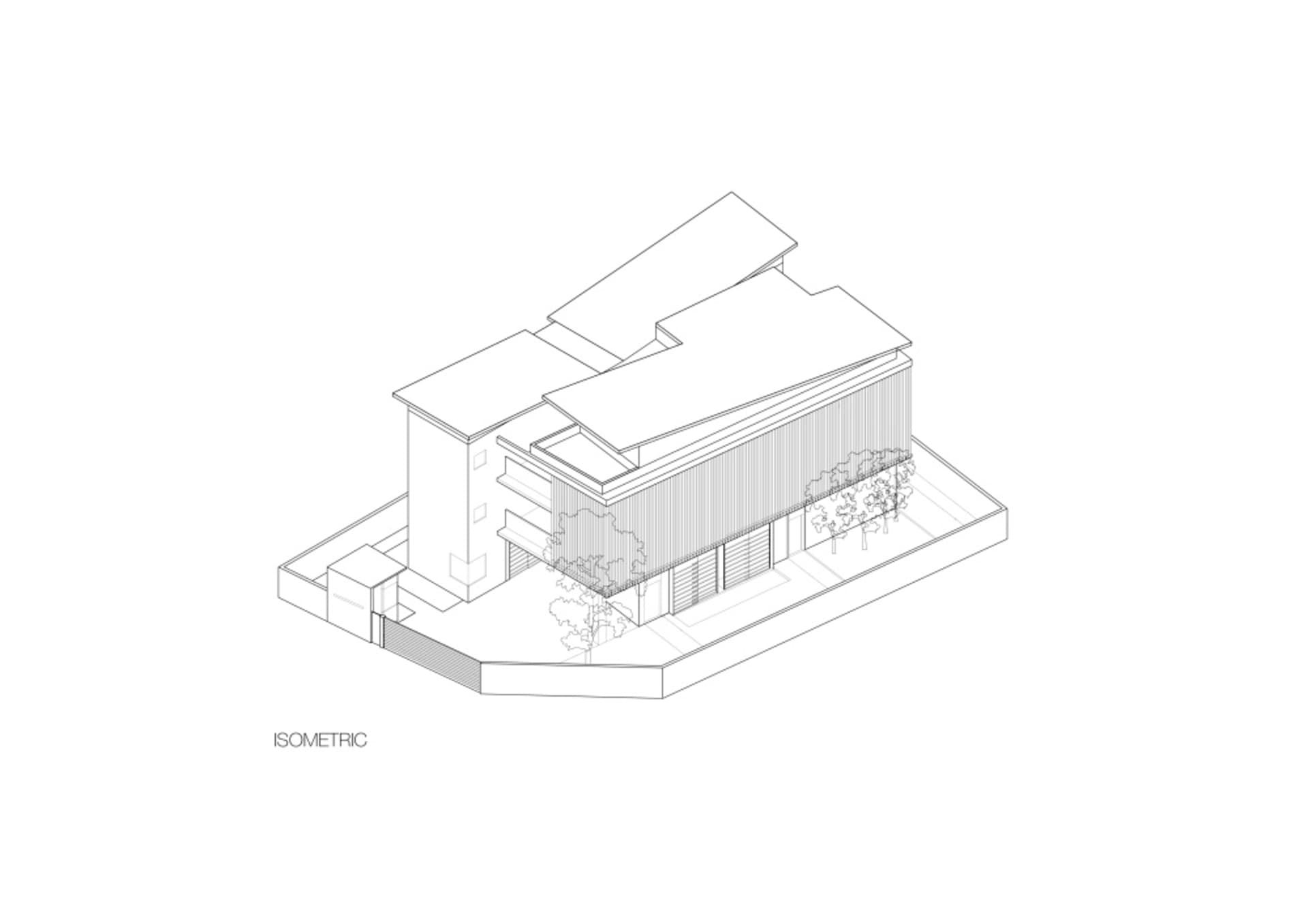 現代住宅建築的等角線稿，展現金屬與玻璃元素。