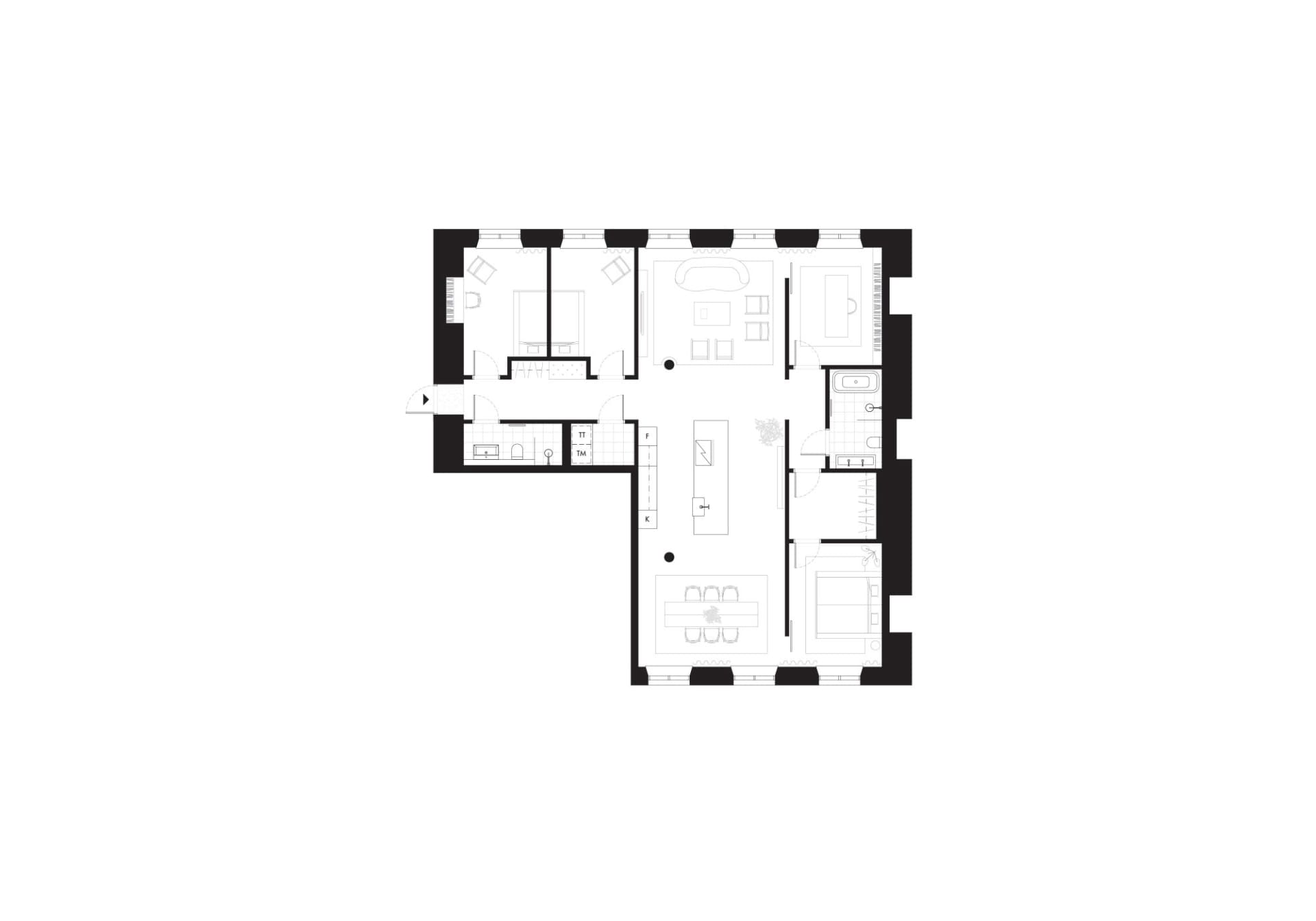 A modern living room with wooden floors and furniture.