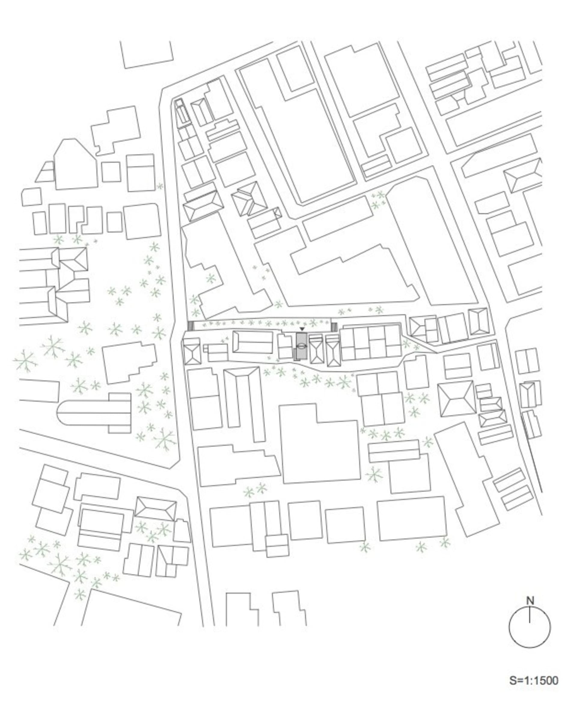 都市規劃基地配置圖,呈現 1:1500 比例尺的建築物與街道配置。