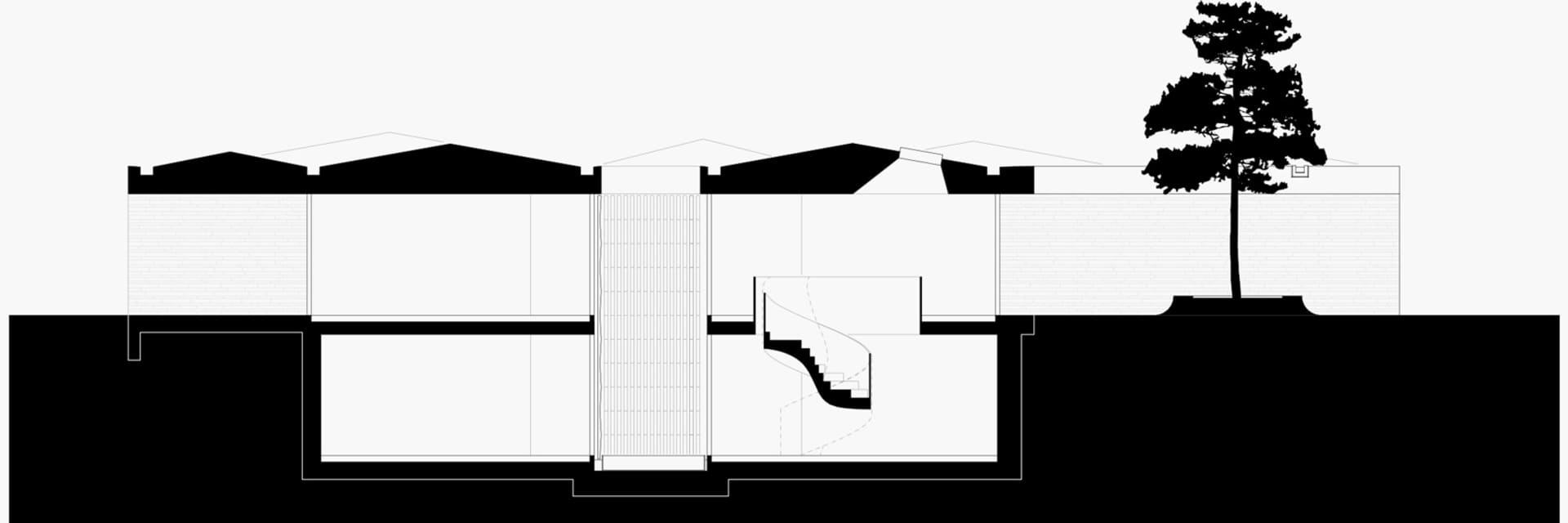 現代住宅建築剖面圖,展示樓層平面配置與結構元素。