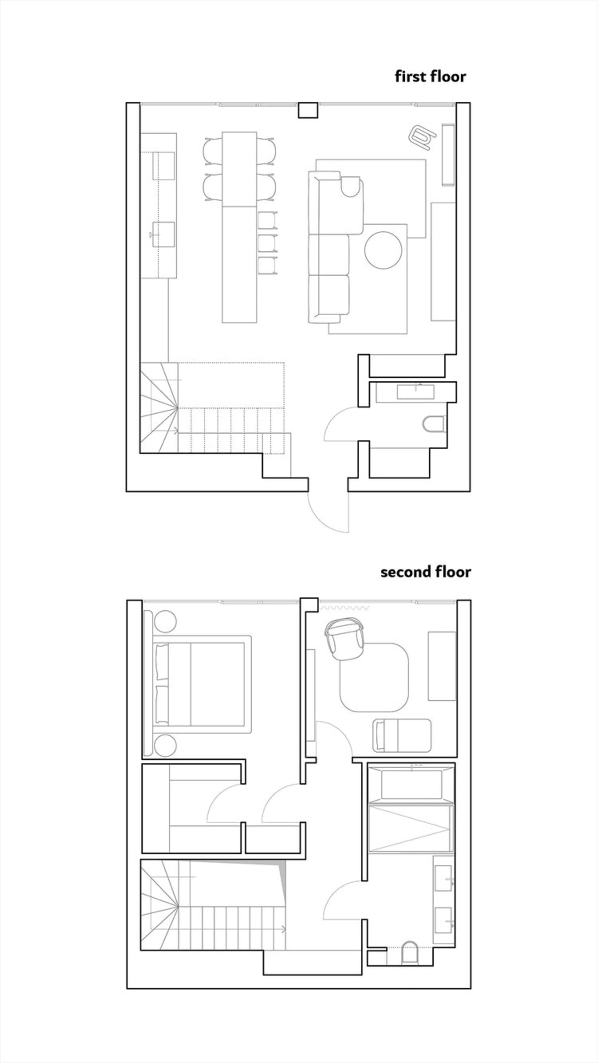 A detailed technical drawing depicting the layout of a modern residential building, including all floors and rooms.