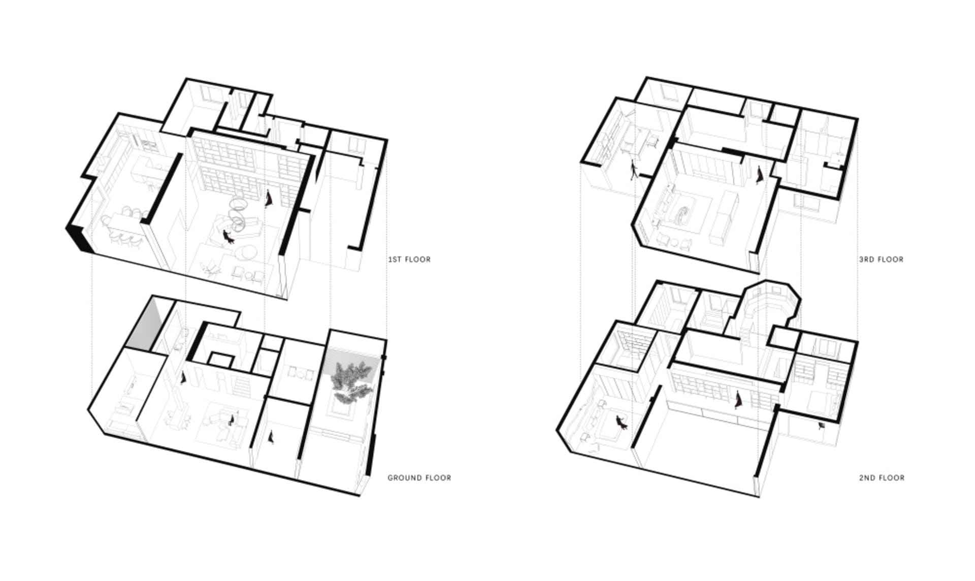 Futuristic apartment building with multiple floors, featuring modern architecture and detailed floor plans.