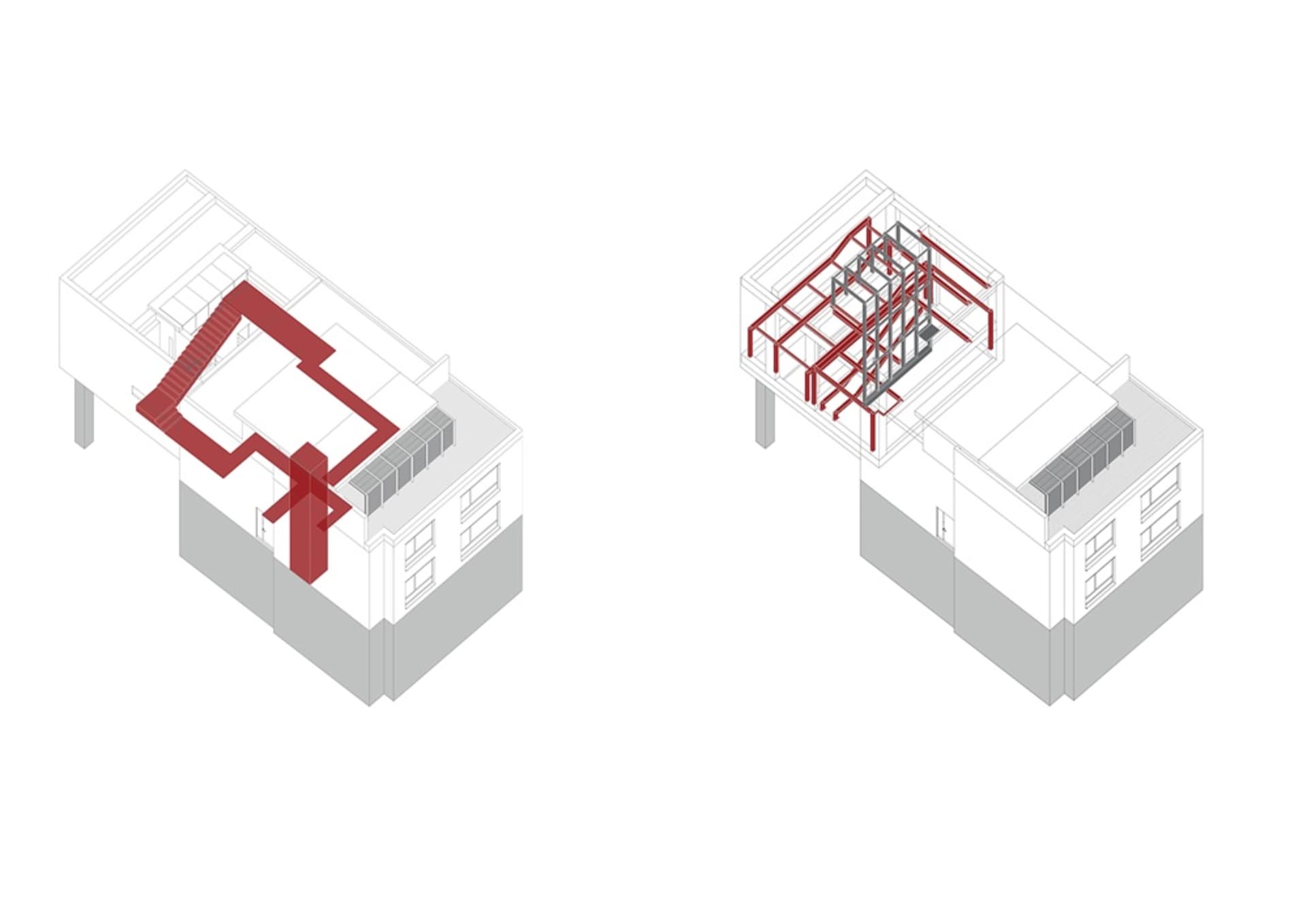 Isometric view of a modern furniture modular steel structure