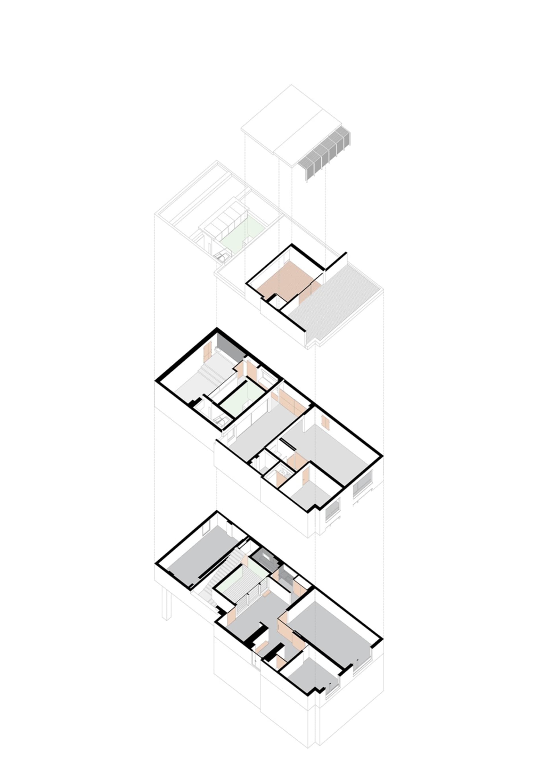 Residential building floor plan with various rooms and layout.