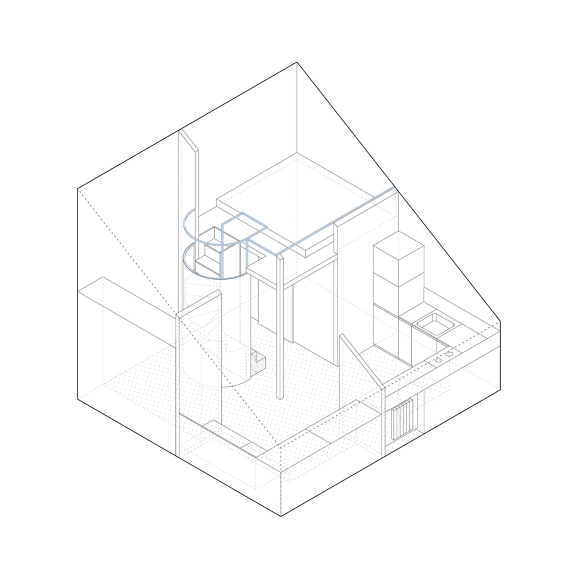Isometric diagram of an attic conversion featuring a spiral staircase and mixed materials.