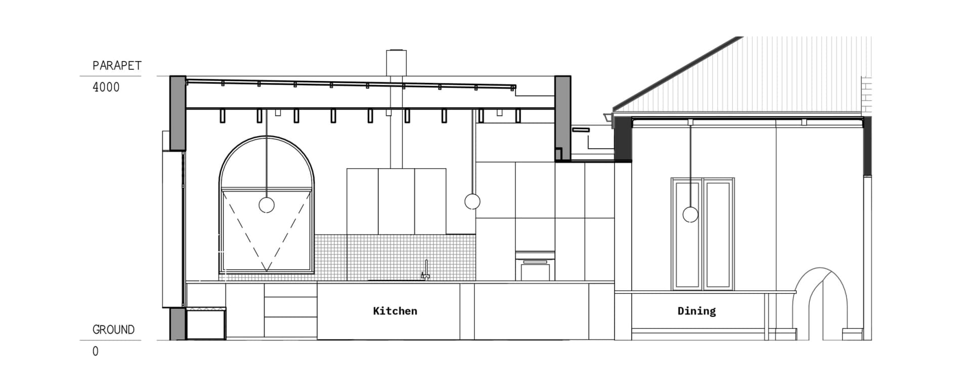 Modern kitchen with concrete countertops, steel structure, and minimalist design.