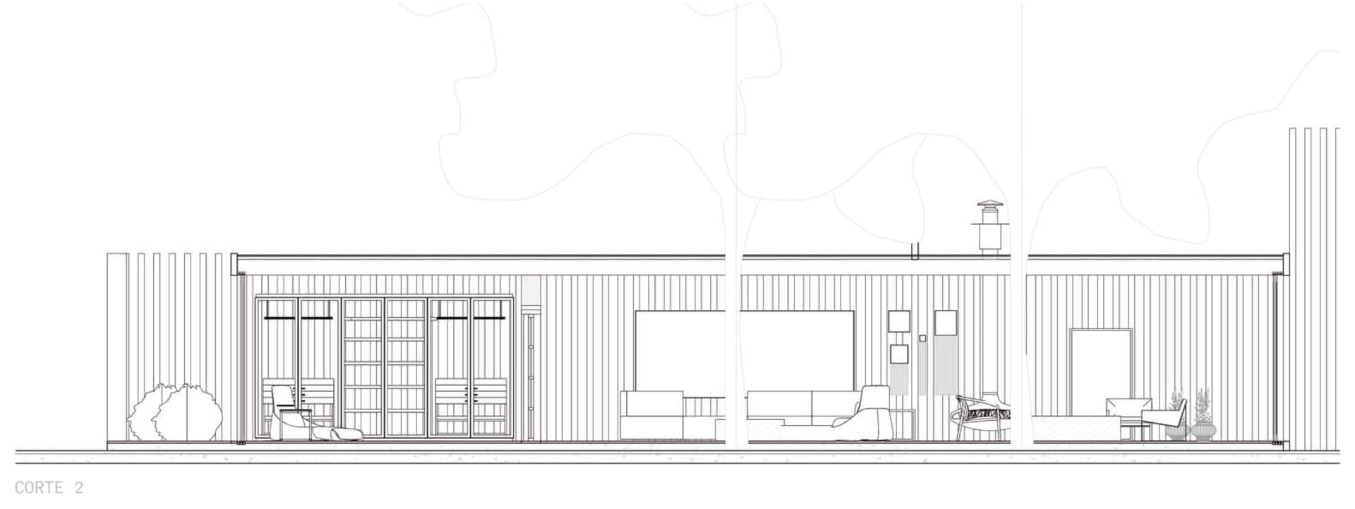 A detailed architectural drawing depicting the front elevation view of a modern wood house plan.