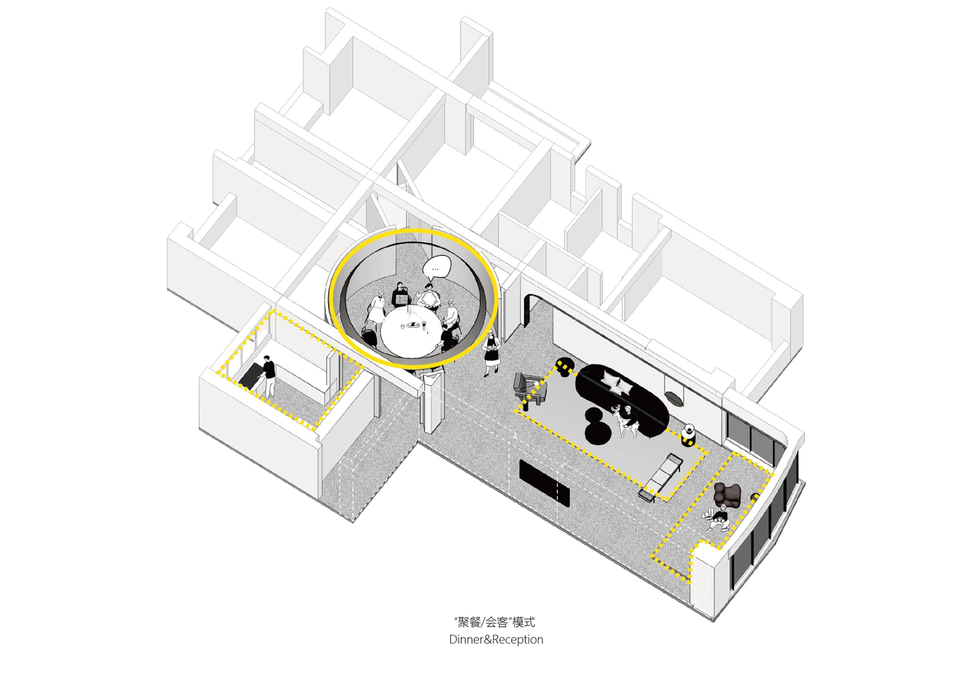 現代活動空間的等角視圖，搭配混凝土地板與牆面。
