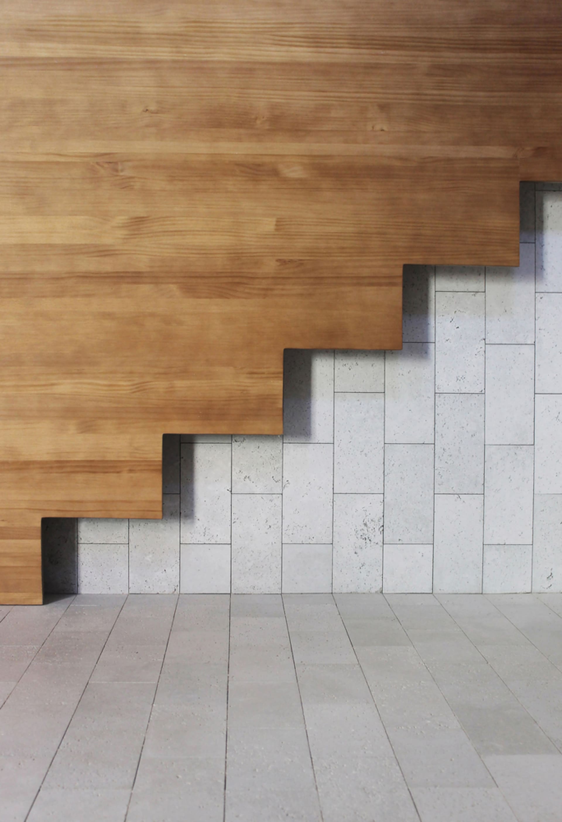 A modern industrial interior design featuring exposed concrete and wood elements with ambient lighting