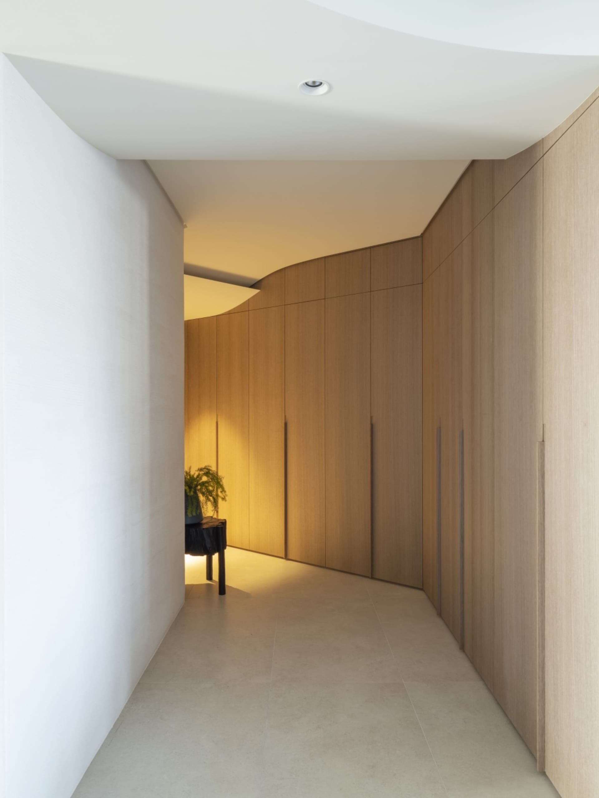 Modern minimalist closet with wooden cabinets and clean lines.
