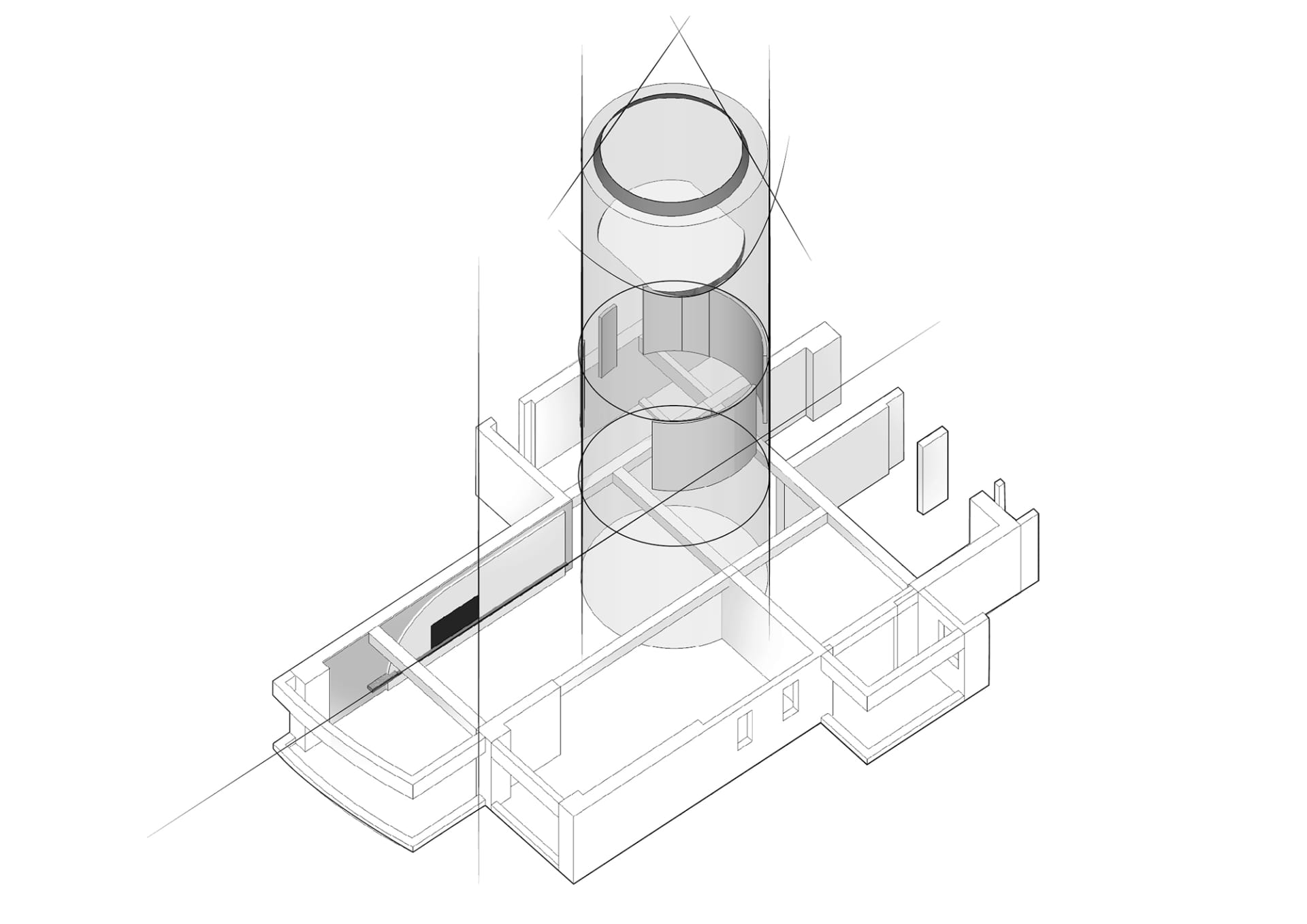 An isometric drawing of a modern penthouse interior with concrete walls.