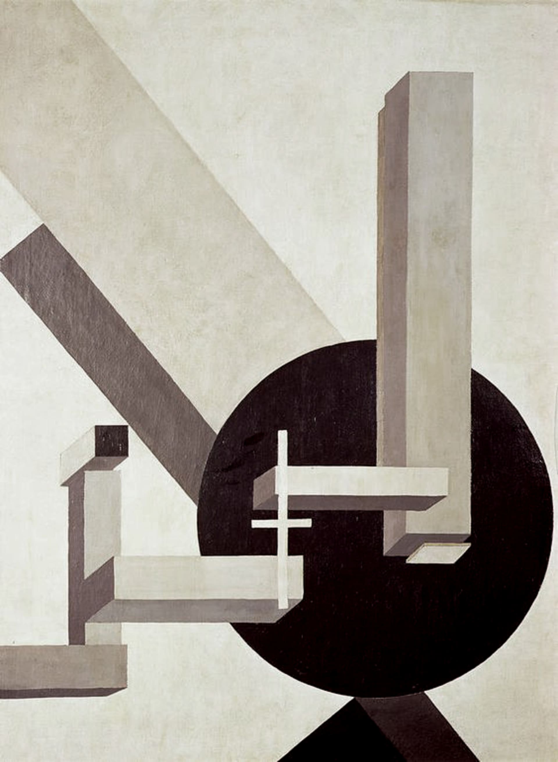 Gray abstract architectural design featuring geometric shapes and a round black element.