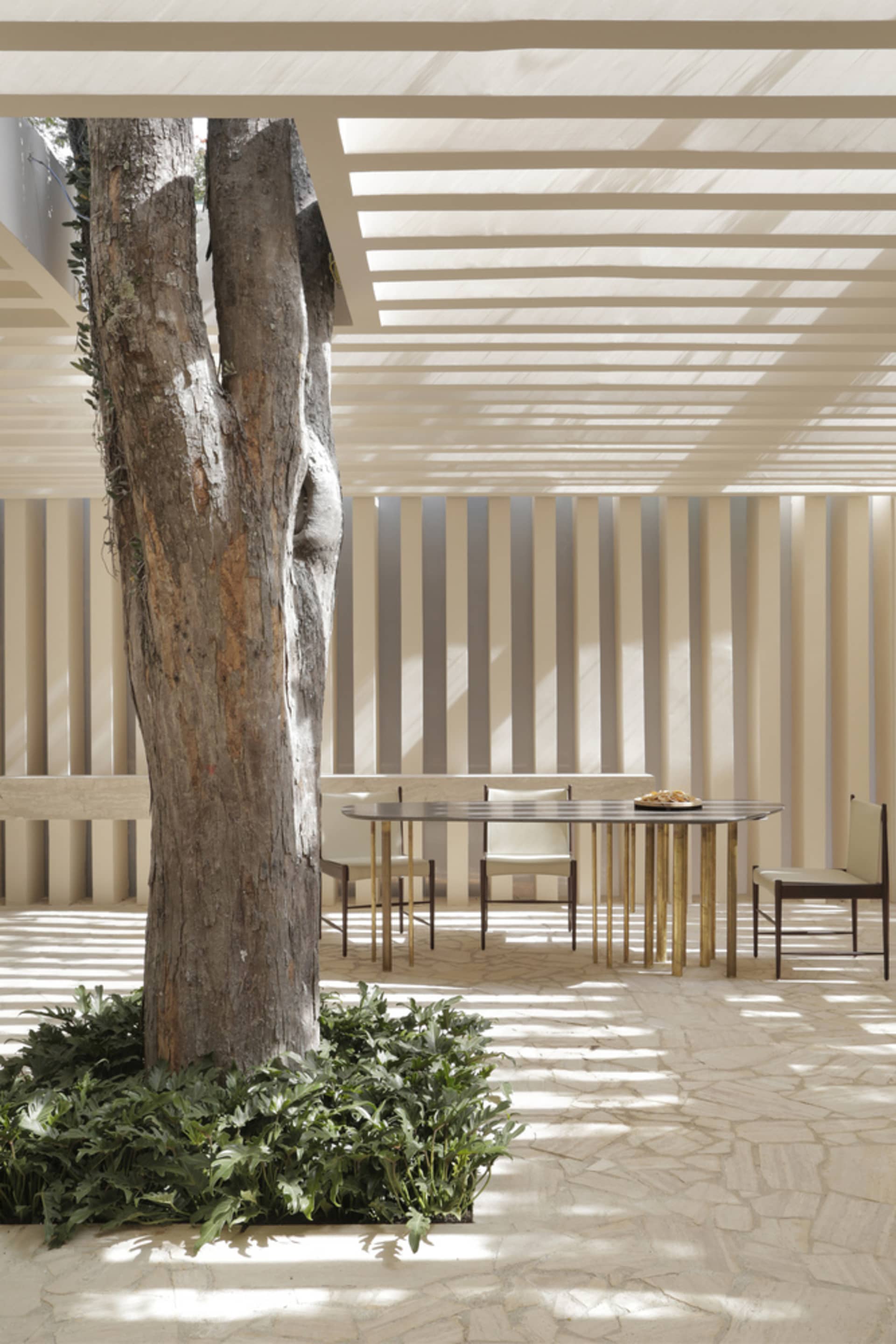 A modern interior space with sandstone walls and a tree trunk centerpiece.