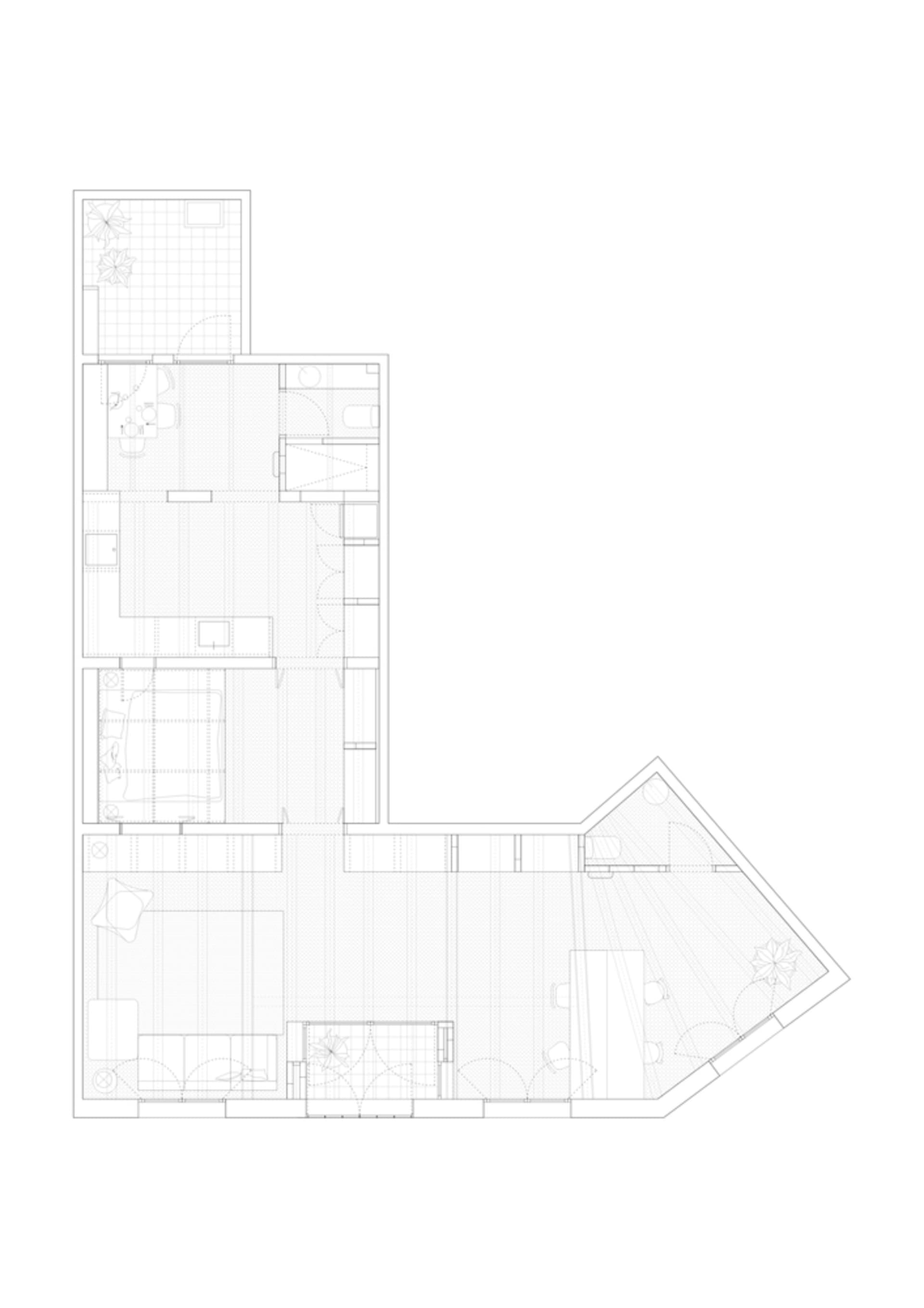 一張黑白建築圖,呈現L型平面配置與混凝土元素。