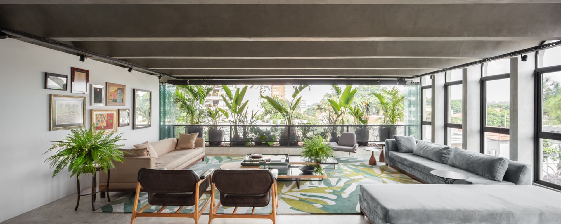 Modern living room with concrete floors and walls, featuring contemporary furniture and plants.
