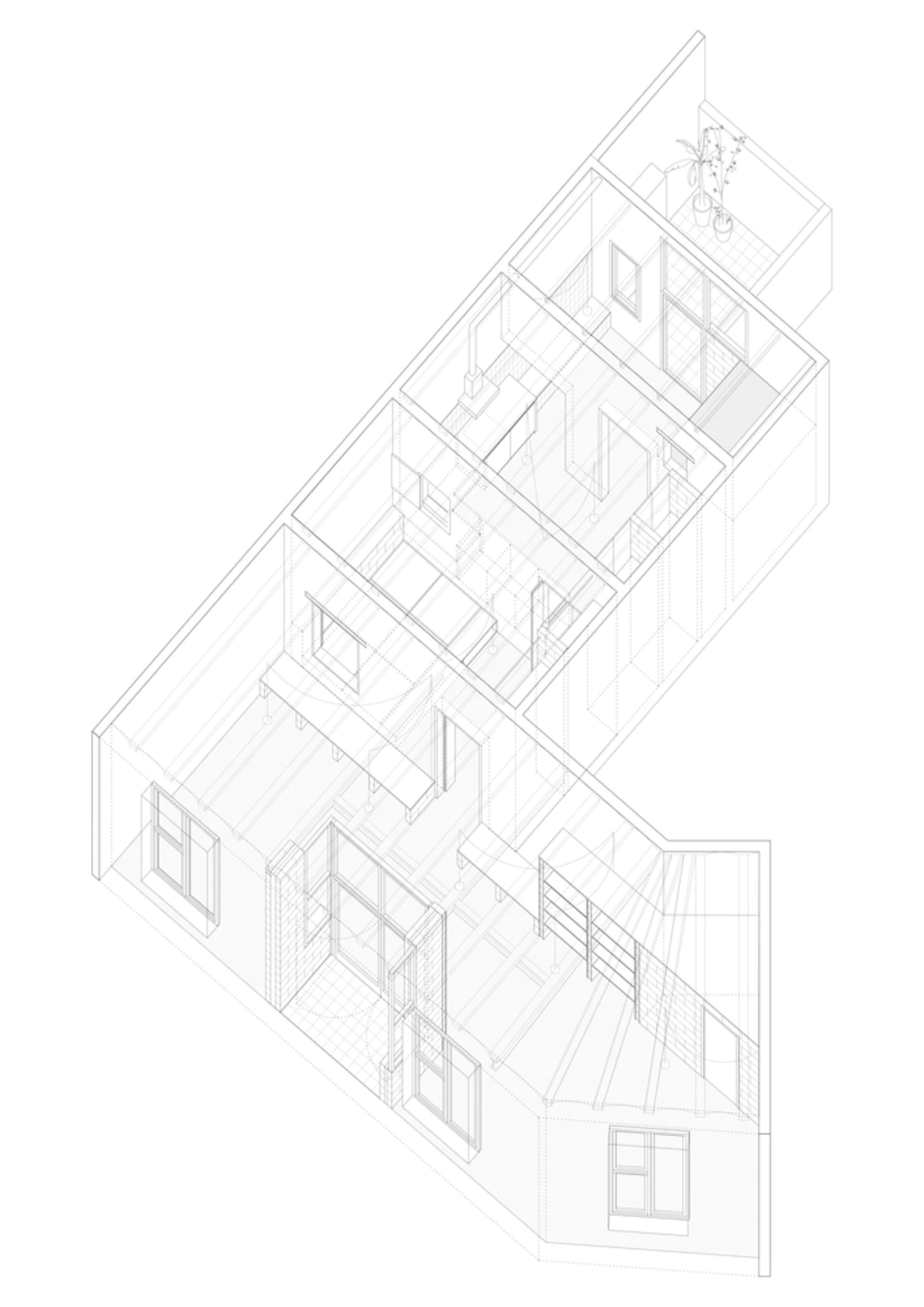 現代辦公室空間的線稿建築圖,呈現結構元素與平面配置。