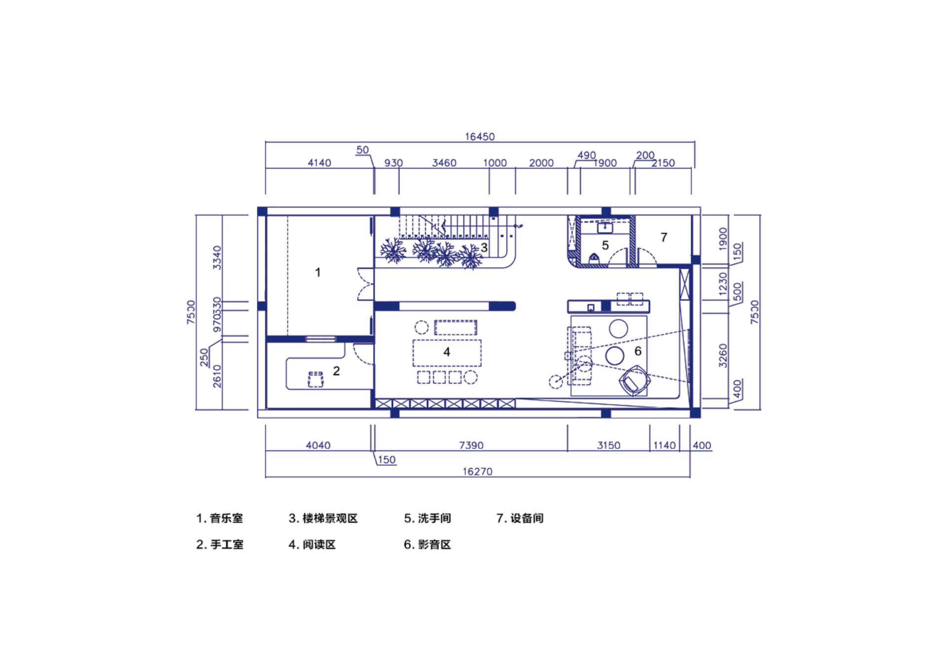 現代辦公空間平面圖，展示多個功能區域。