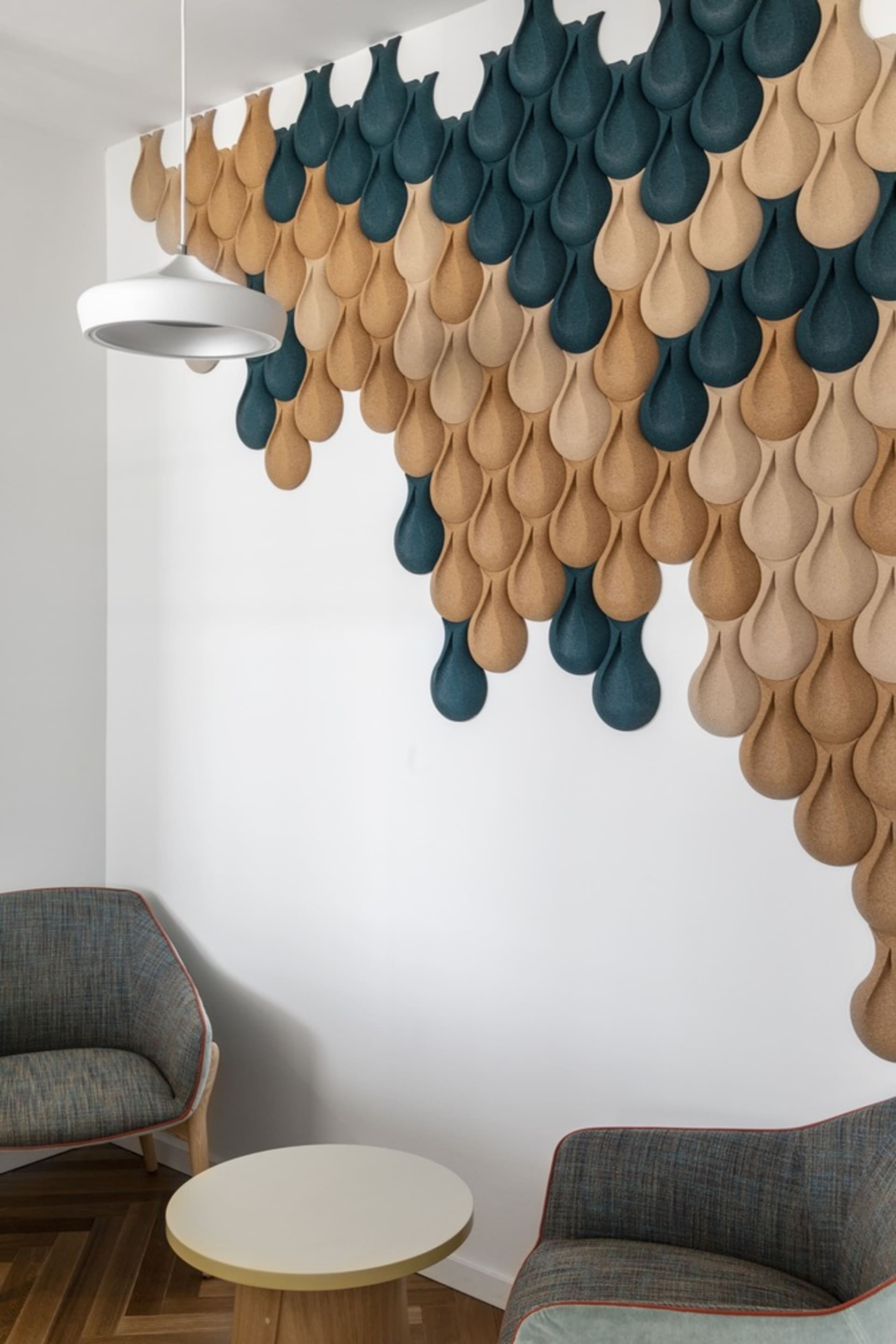A textured acoustic paneling installation in a modern loft