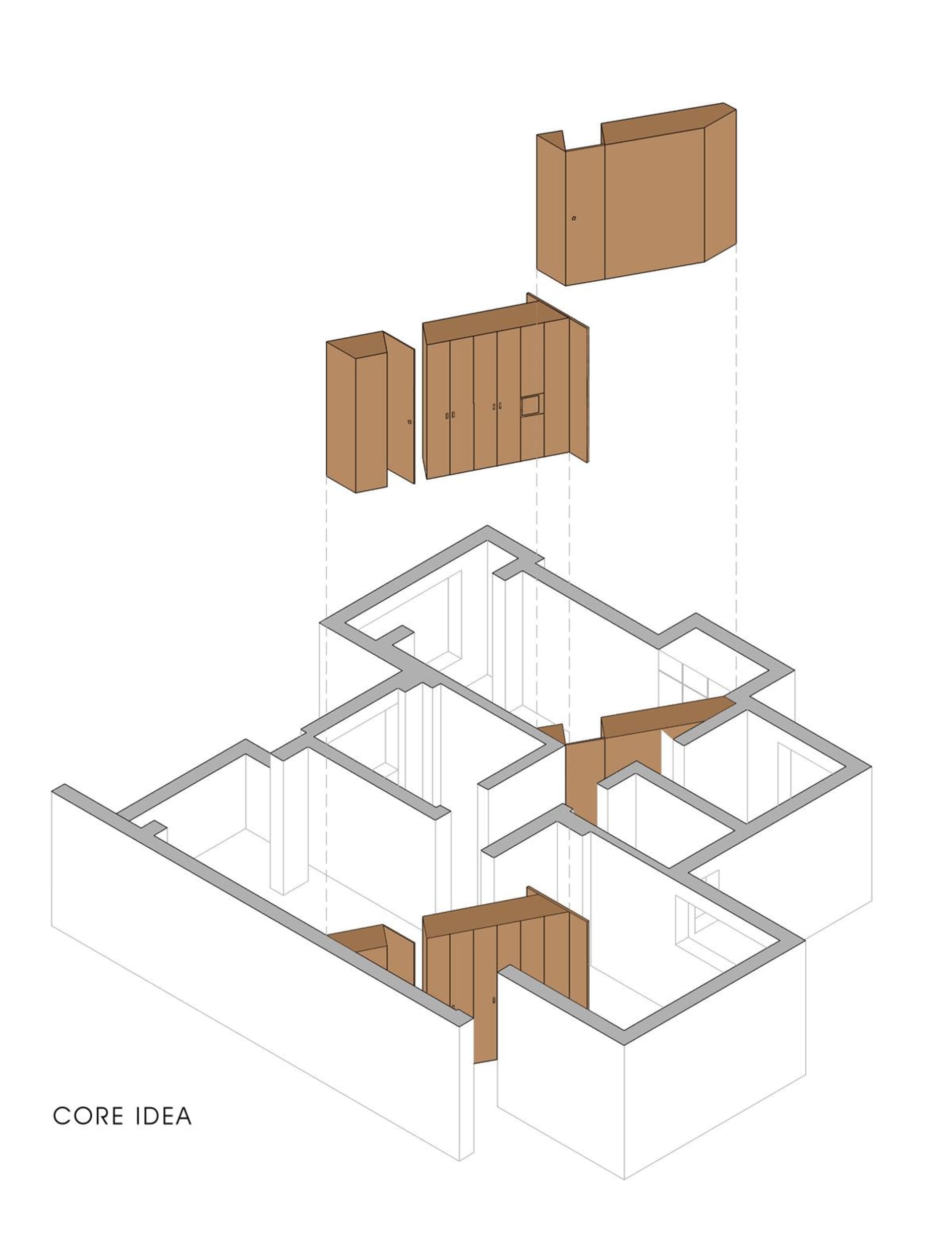 一張現代住宅平面圖的建築繪圖，展示木質櫥櫃配置。