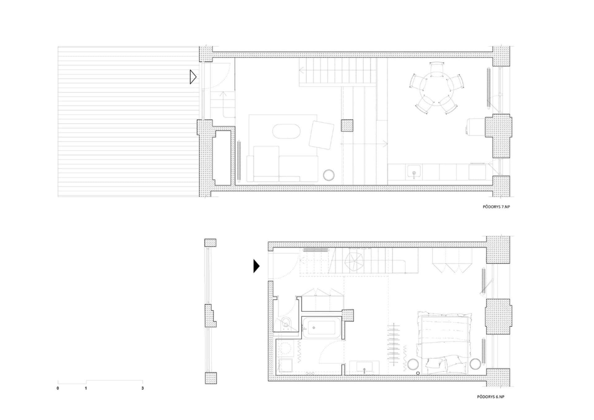 Modern interior design plan of a residential loft space, featuring minimalist furniture and open floor layout.