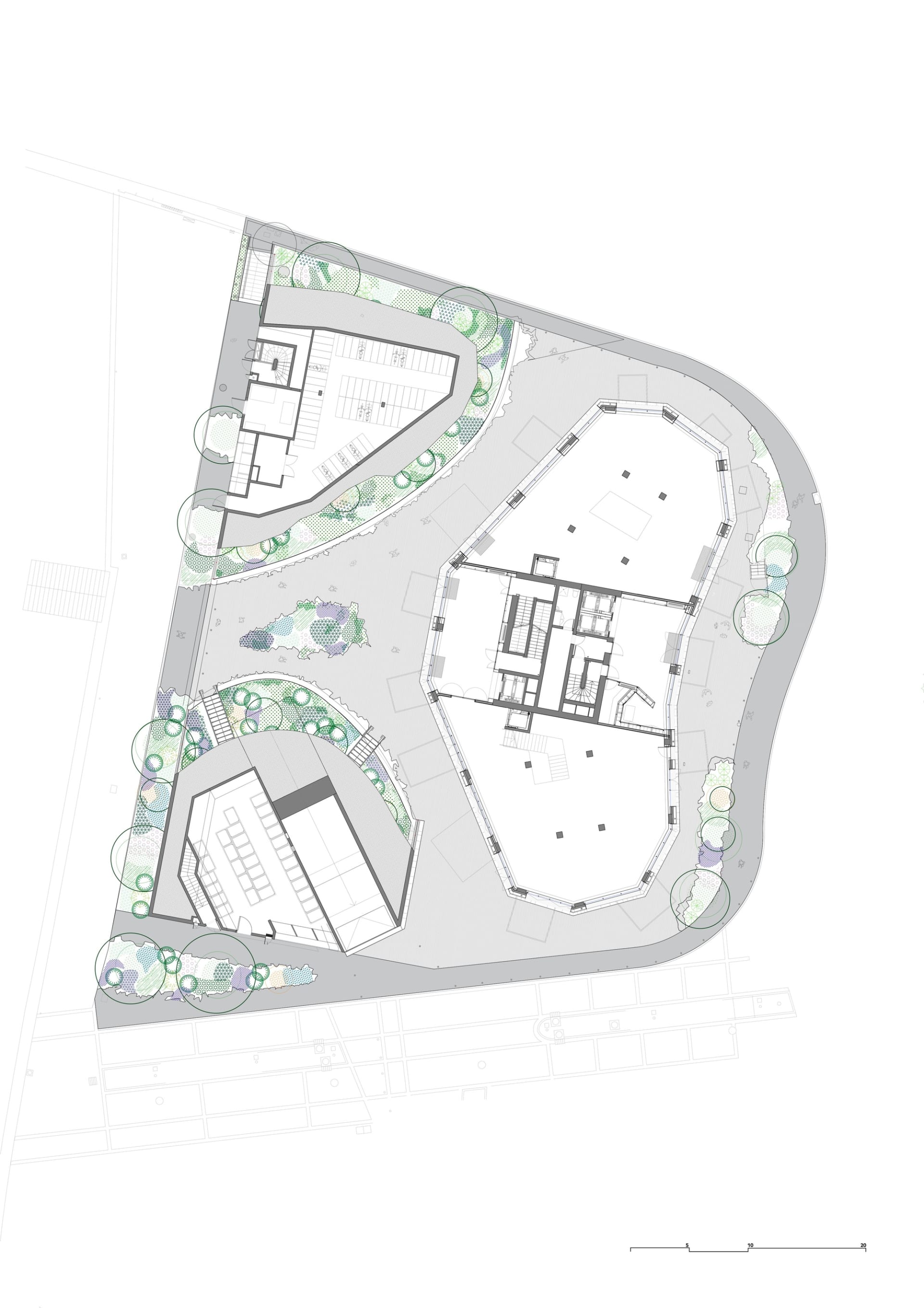 一張詳細的2D建築平面圖，展示工業建築搭配六角形景觀特色。