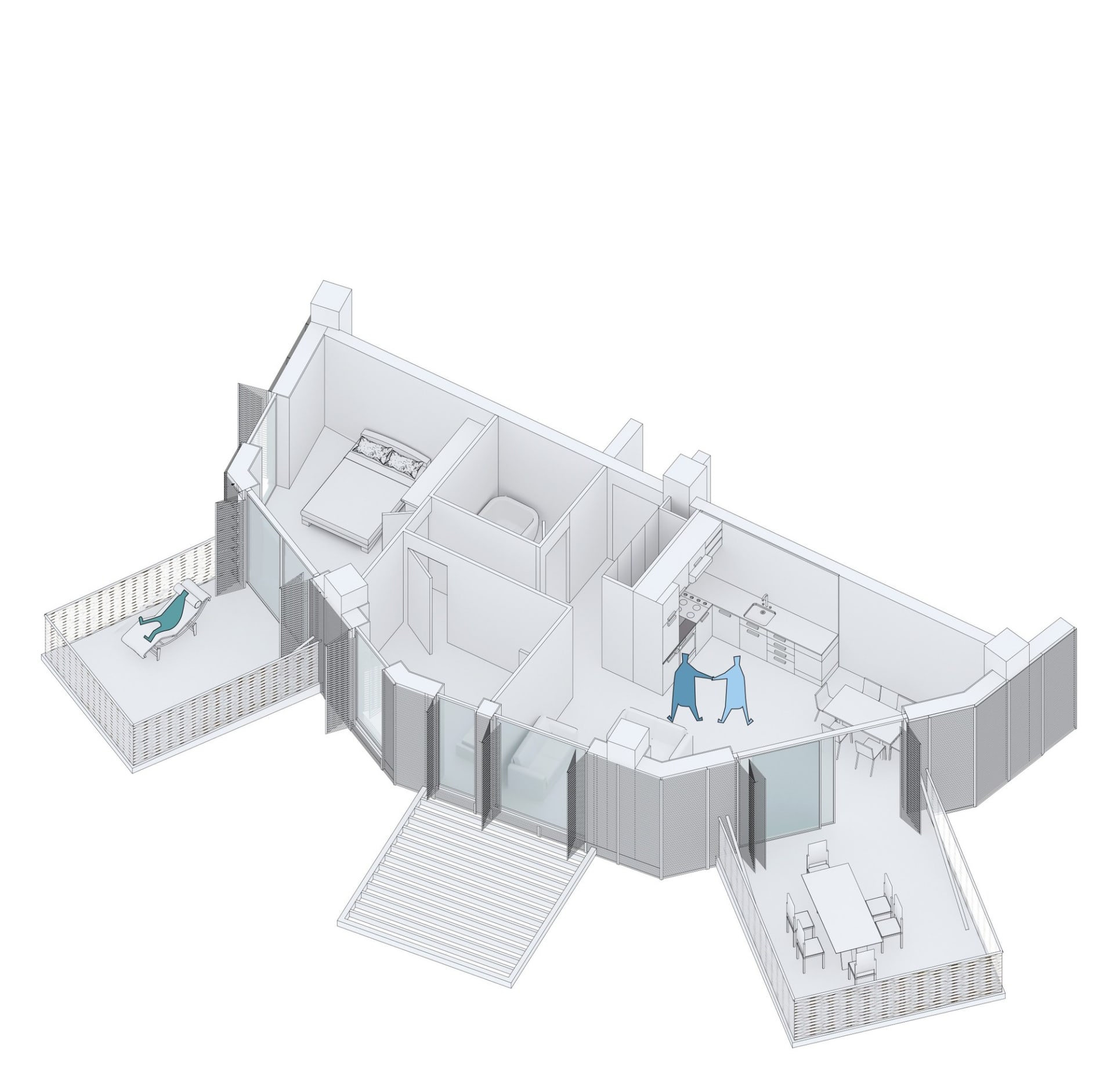 現代公寓平面圖的線框 3D 渲染圖,呈現金屬材質。
