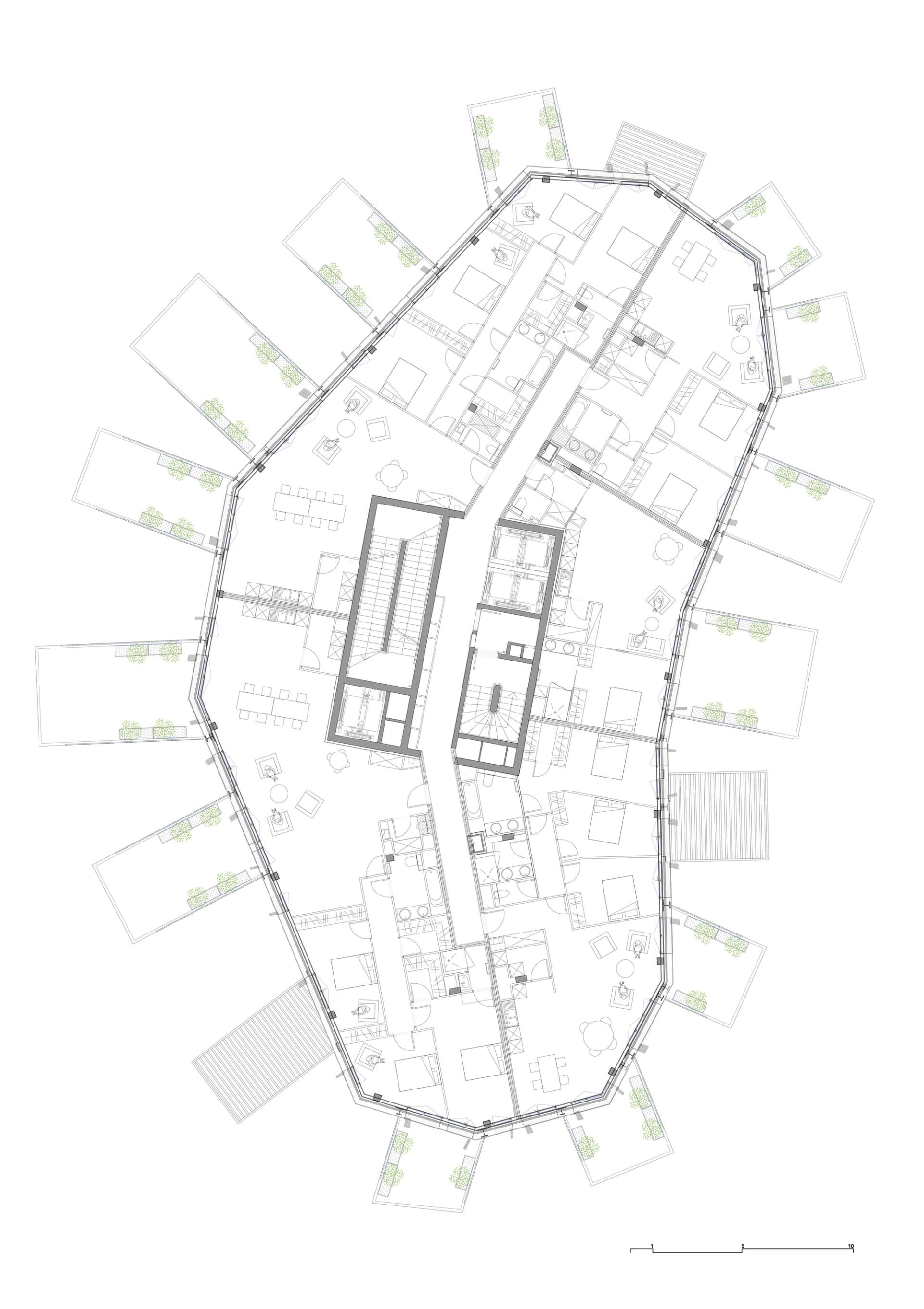 A detailed drawing of a modern residential building's floor plan with various construction materials and features.