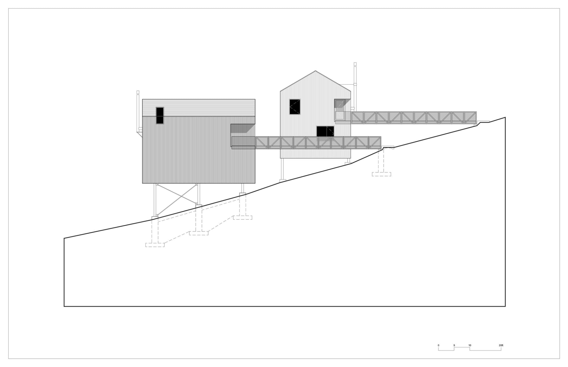 現代住宅的金屬結構建築圖，坐落於山坡上。