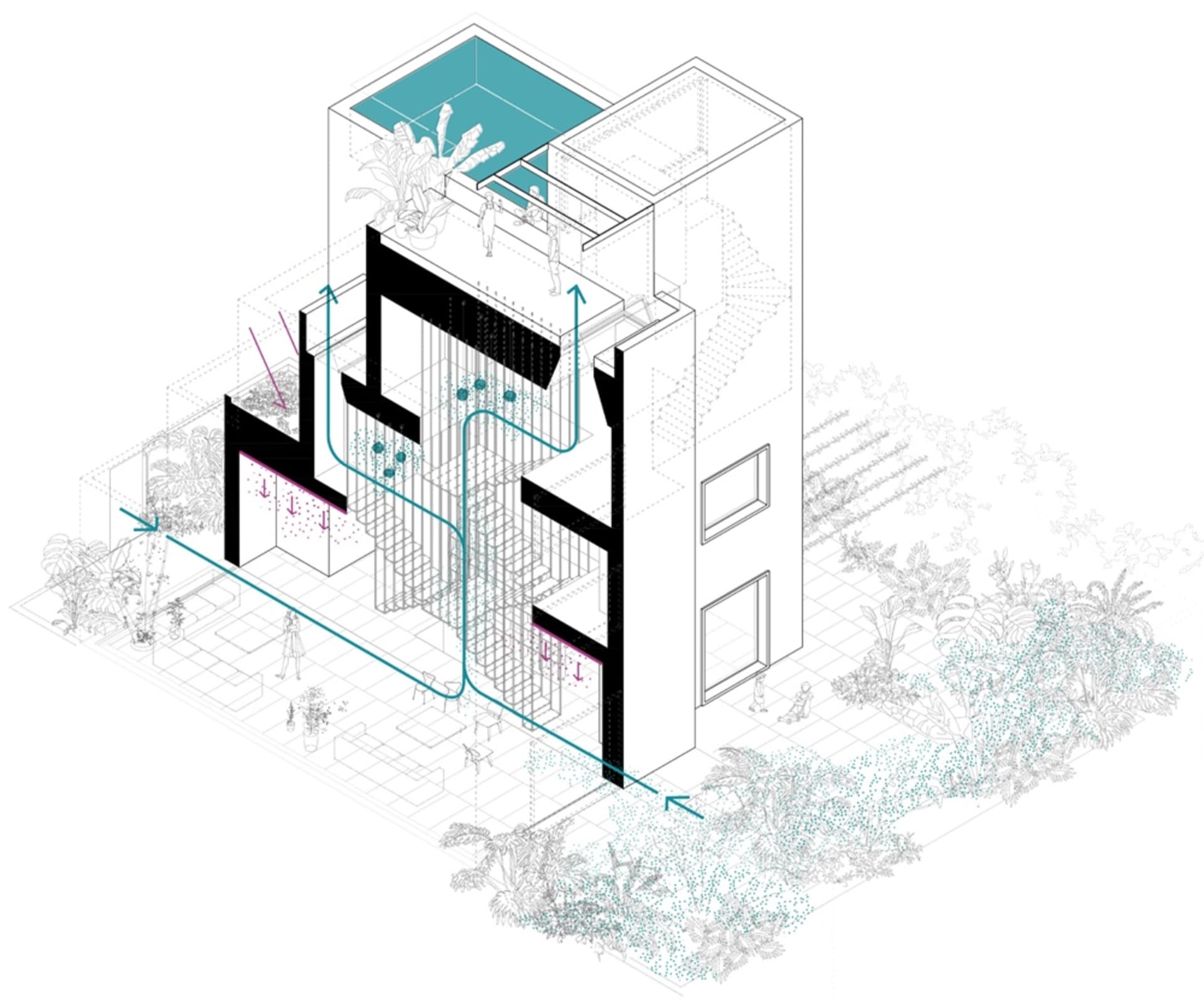 現代室內的建築圖,設有玻璃頂泳池與綠意植栽。
