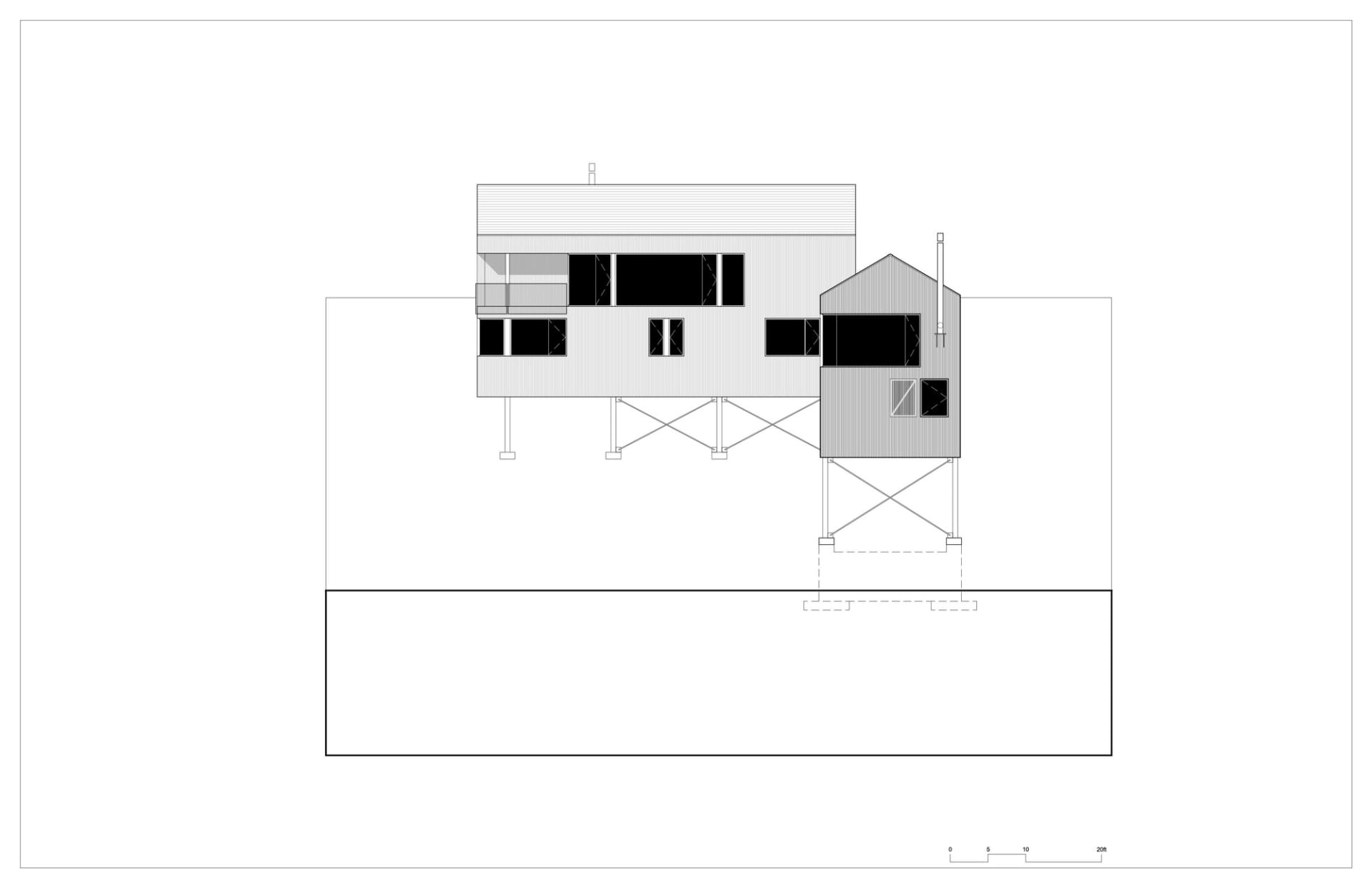 現代垂直住宅設計的2D建築圖,採用鋼材與平屋頂。