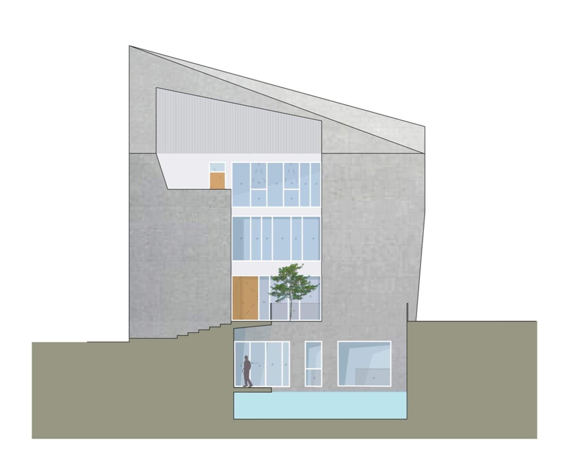 A modern building exterior made of concrete with large windows and a tree in front.