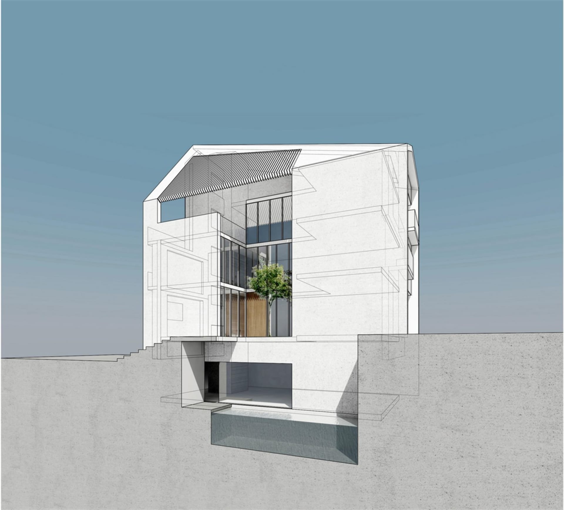 A modern residential house with a minimalist design featuring exposed concrete walls and large windows.