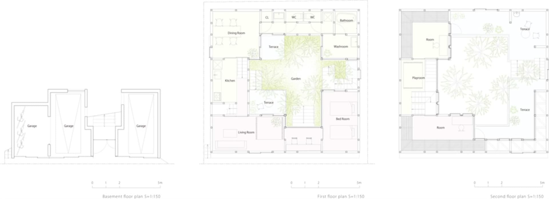 Detailed architectural floor plan of a residential house showing basement, first, and second floors.