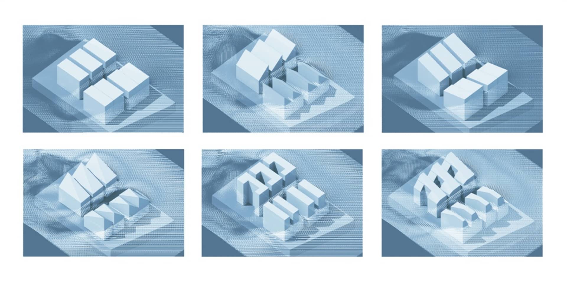 A 3D architectural rendering of a modern building with blue elements.