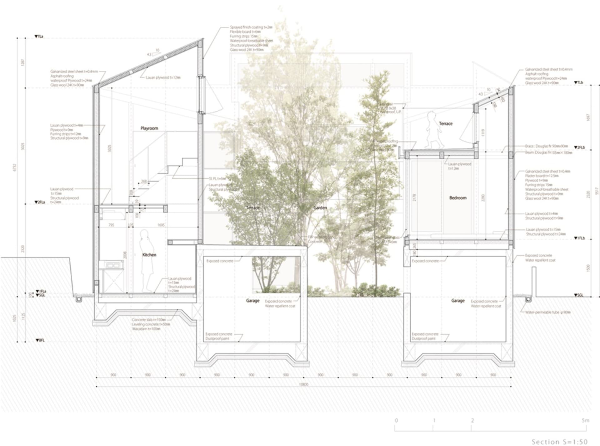 Floor plan of a modern garden house with exposed concrete walls and a galvanized steel roof.