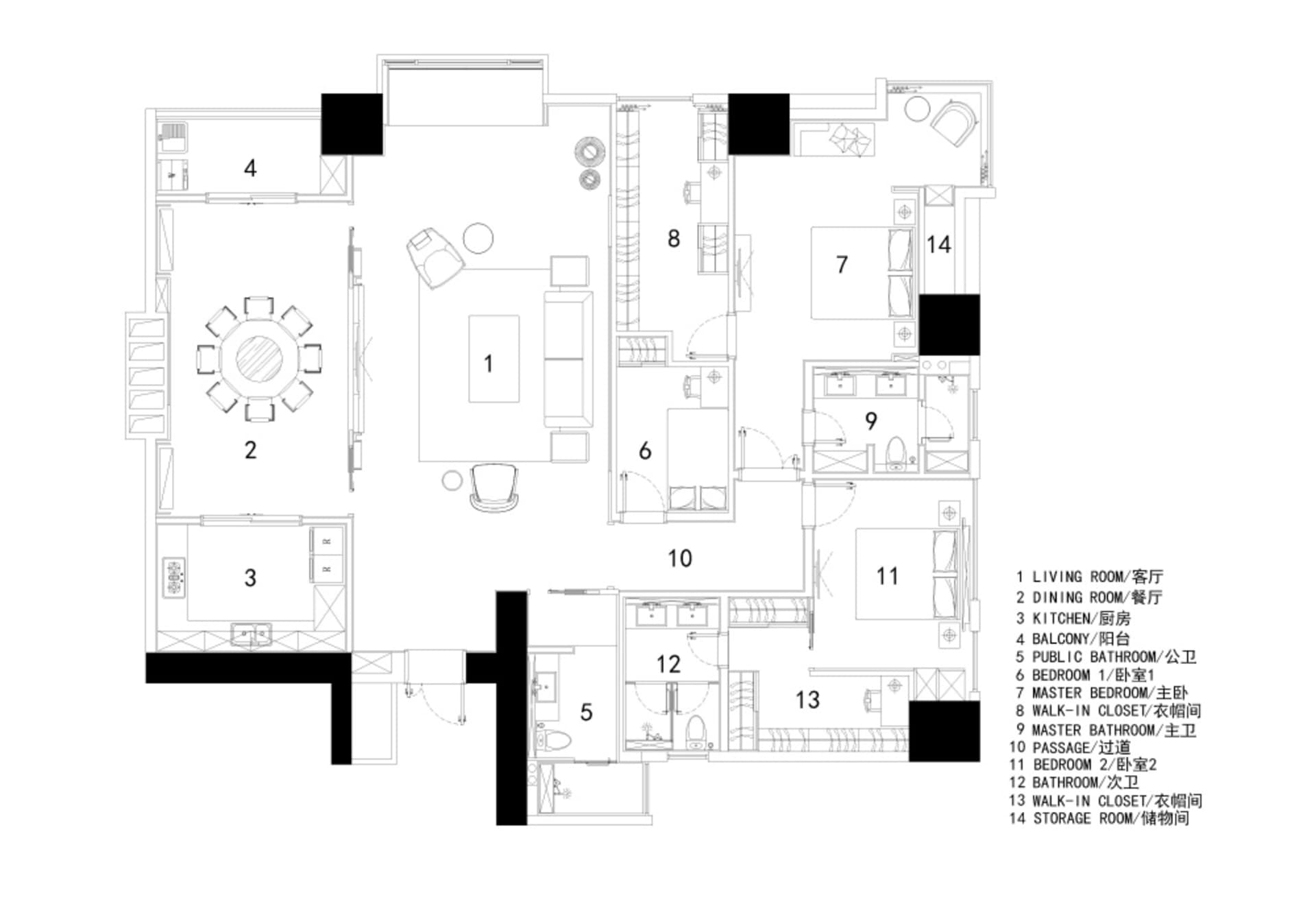 Modern apartment interior layout with living room, dining room, kitchen, bedrooms, bathrooms, and storage room.