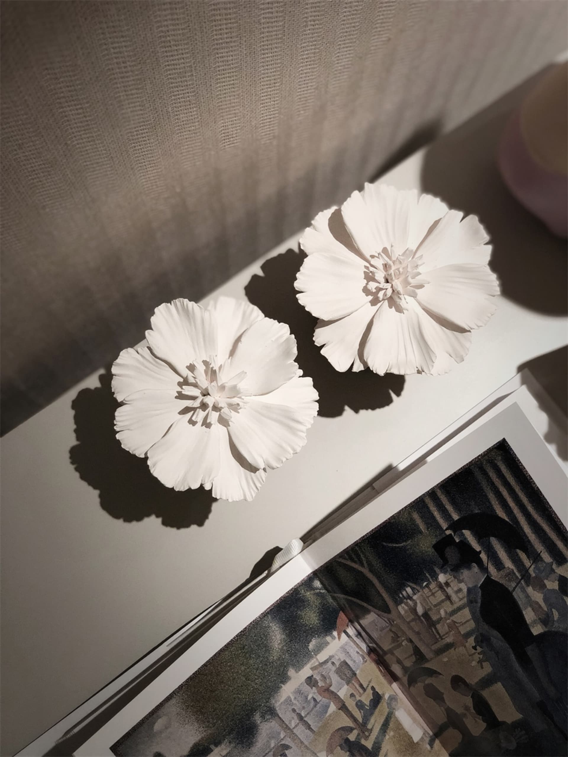 Decorative ceramic floral pieces with long shadows on a shelf.