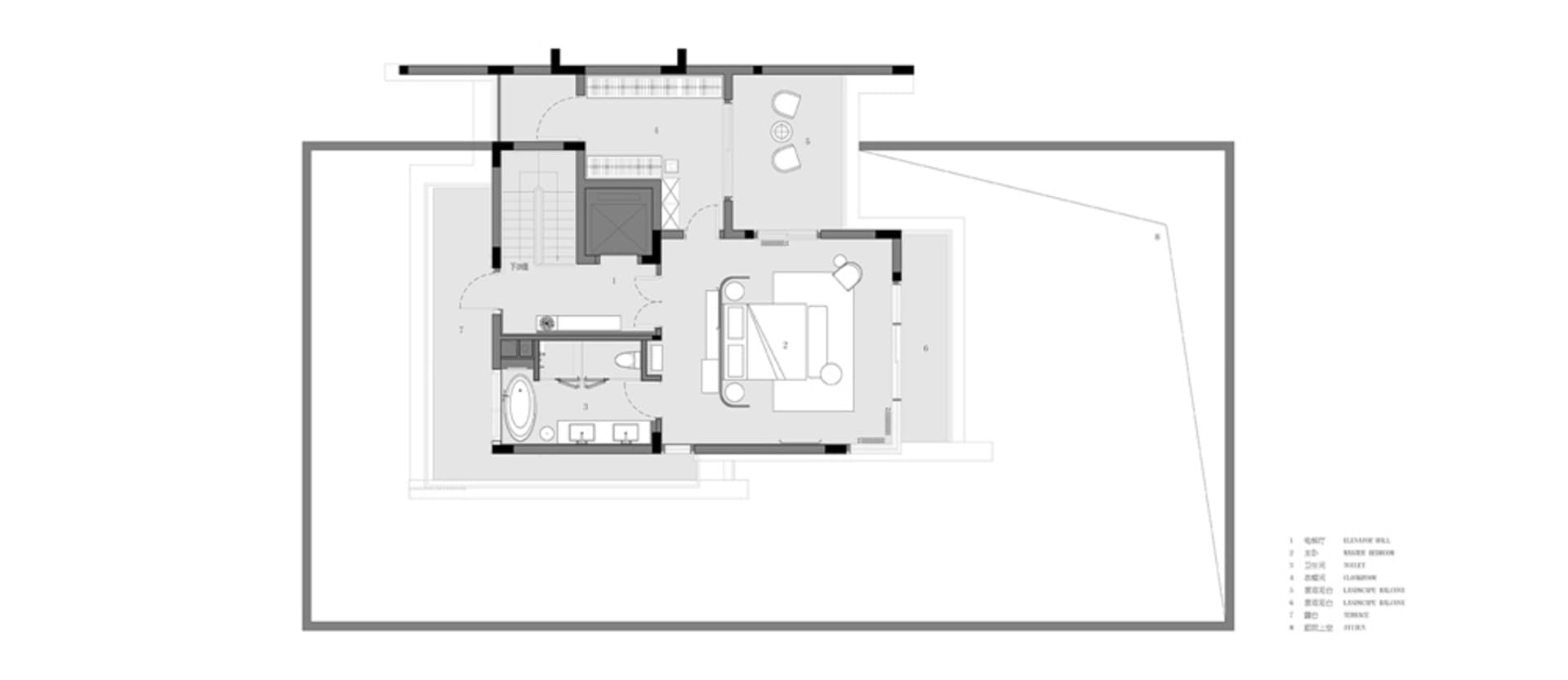 Modern minimalist bedroom floor plan with bedroom, bathroom, and storage areas.