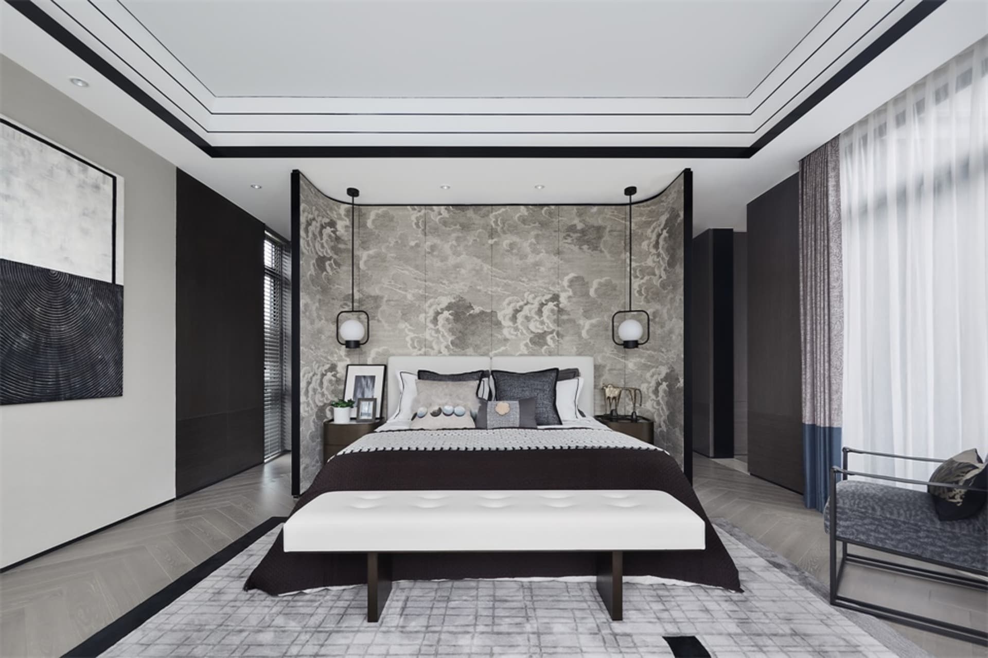 A clean, contemporary bedroom with a minimalist design.