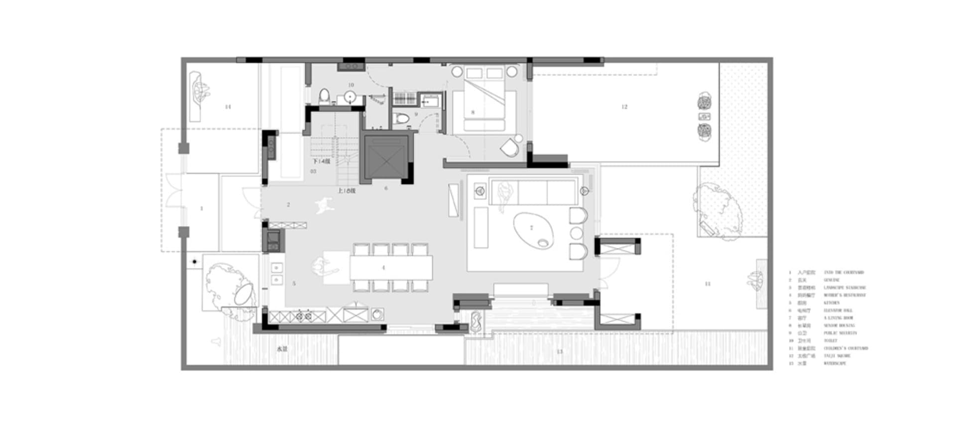 Modern residential floor plan with single-story living space, kitchen, bathroom, and bedroom