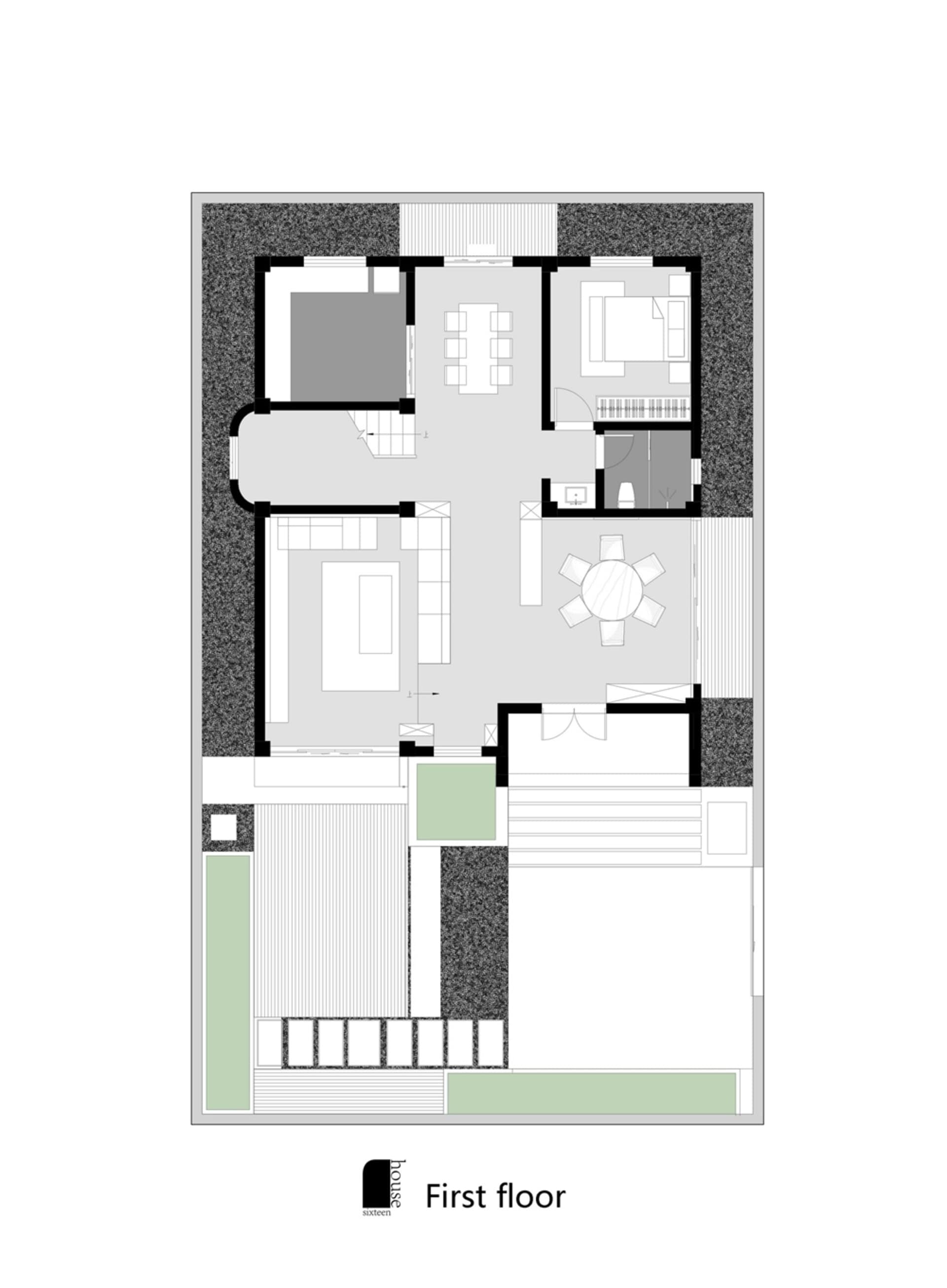 First floor architectural plan of a modern residential house with living room, dining area, bedrooms, and outdoor terrace.