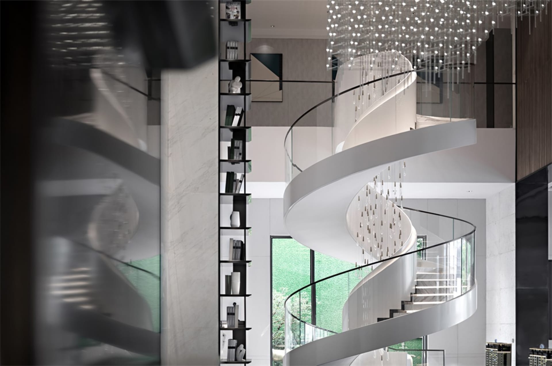 A modern interior design featuring a glass spiral staircase with marble accents.