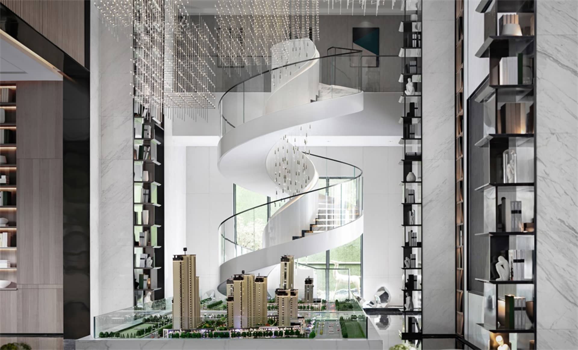 Modern luxury living room featuring glass stairs and marble walls