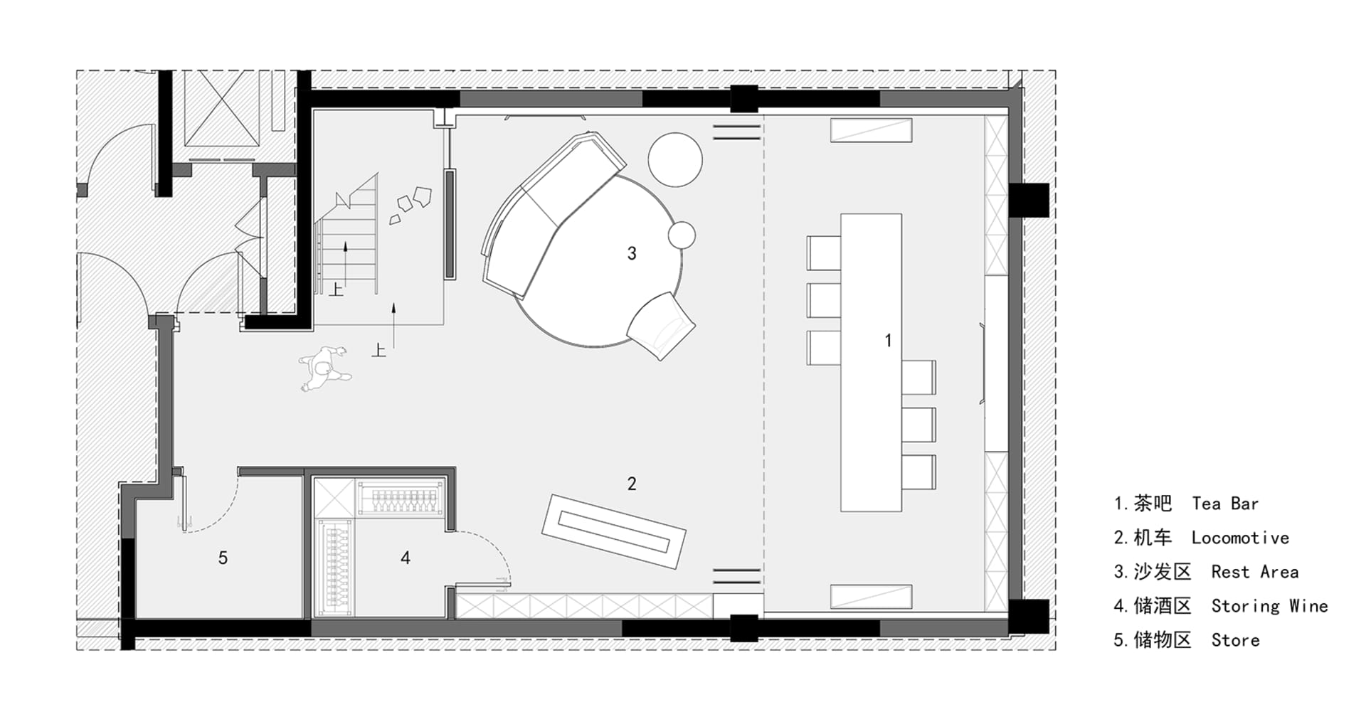 工業風室內設計的2D建築平面圖,標示出各功能區域。