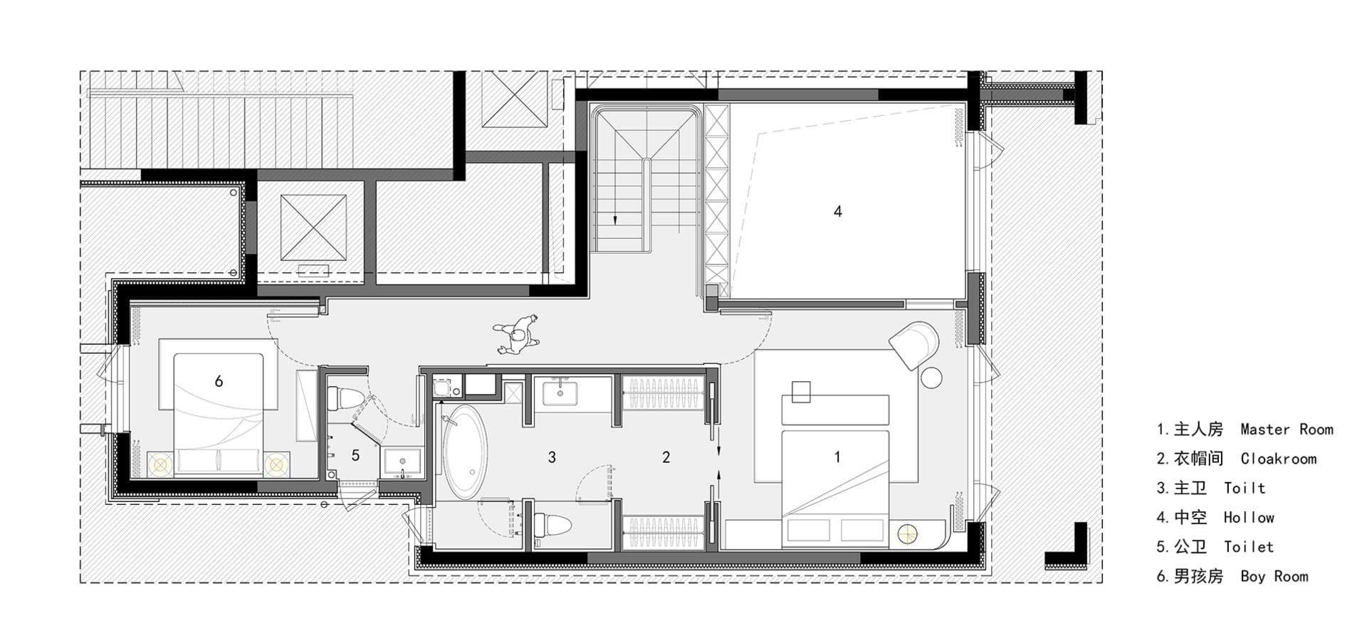 A modern residential floor plan with a layout of rooms and spaces, including a master room, cloakroom, toilet, hollow, and bo