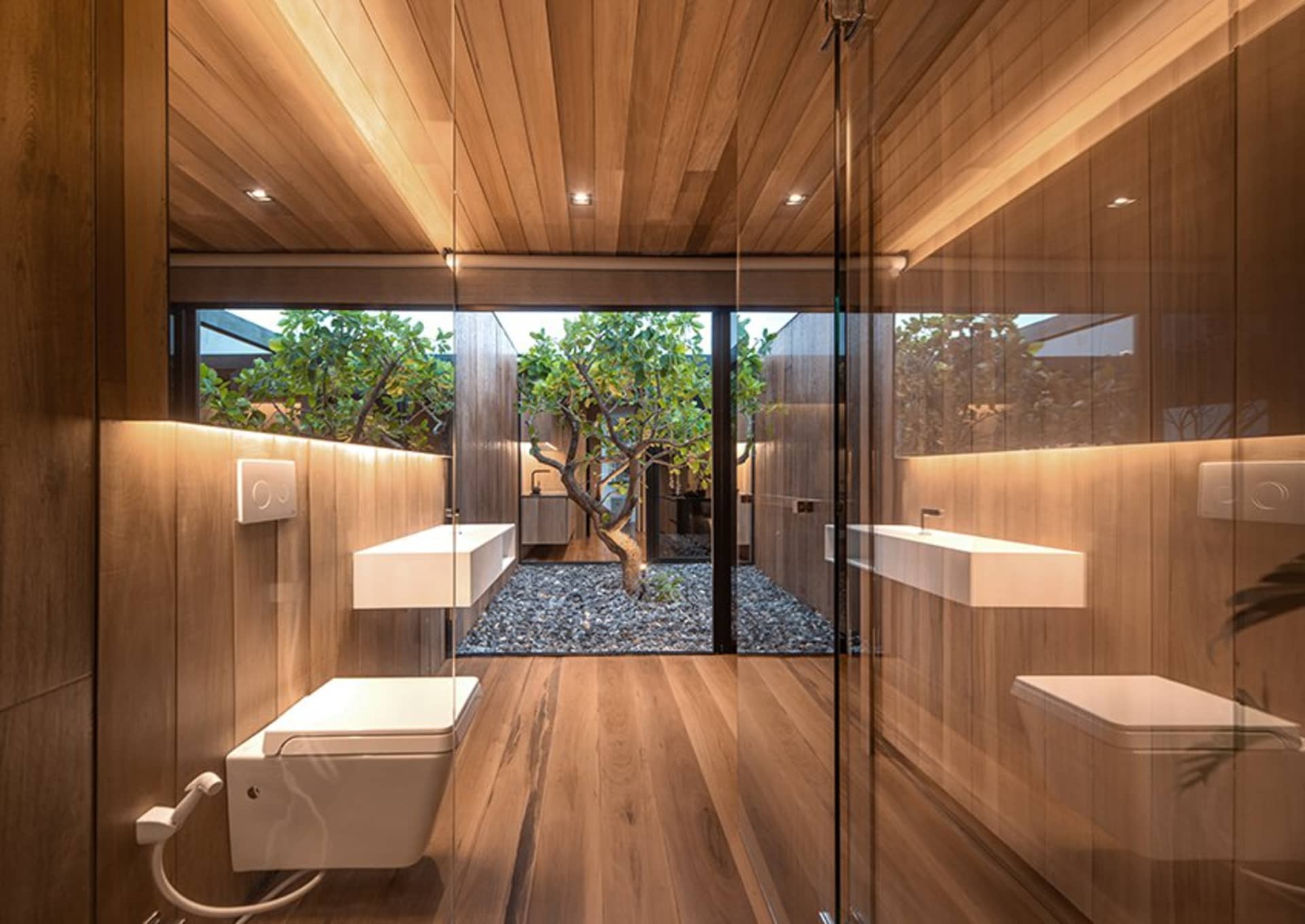 A modern bathroom with wooden walls, glass walls, and a live tree in the middle of the room.