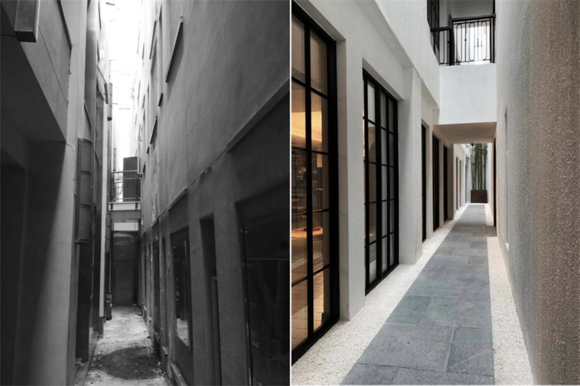 翻修後的建築擁有混凝土牆面、大片玻璃面板以及金屬欄杆。
